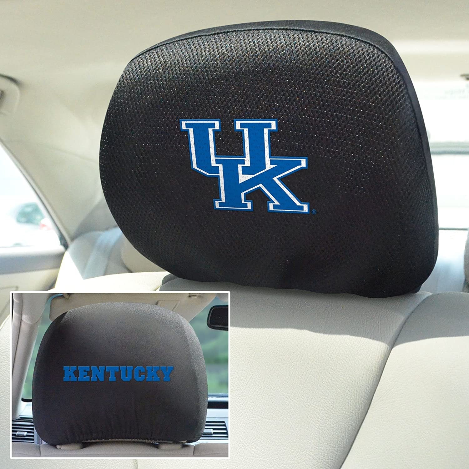 University of Kentucky Wildcats Pair of Premium Auto Head Rest Covers, Embroidered, Black Elastic, 14x10 Inch