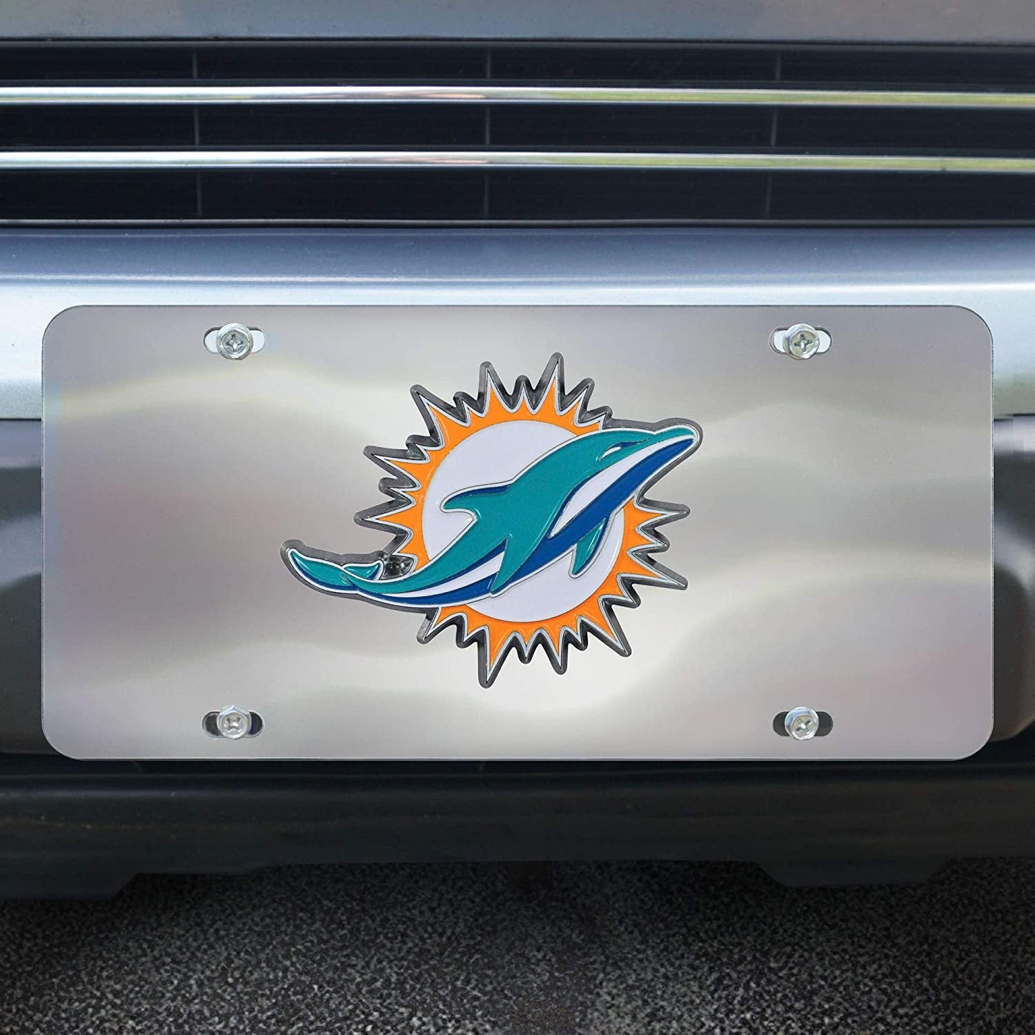 Miami Dolphins License Plate Tag, Premium Stainless Steel Diecast, Chrome, Raised Solid Metal Color Emblem, 6x12 Inch