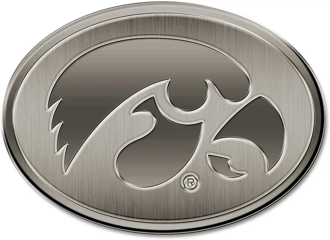 University of Iowa Hawkeyes Premium Solid Metal Raised Auto Emblem, Antique Nickel Finish, Shape Cut, Adhesive Backing