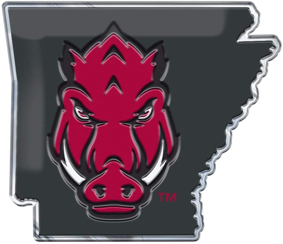University of Arkansas Razorbacks Team State Design Auto Emblem, Aluminum Metal, Embossed Team Color, Raised Decal Sticker, Full Adhesive Backing