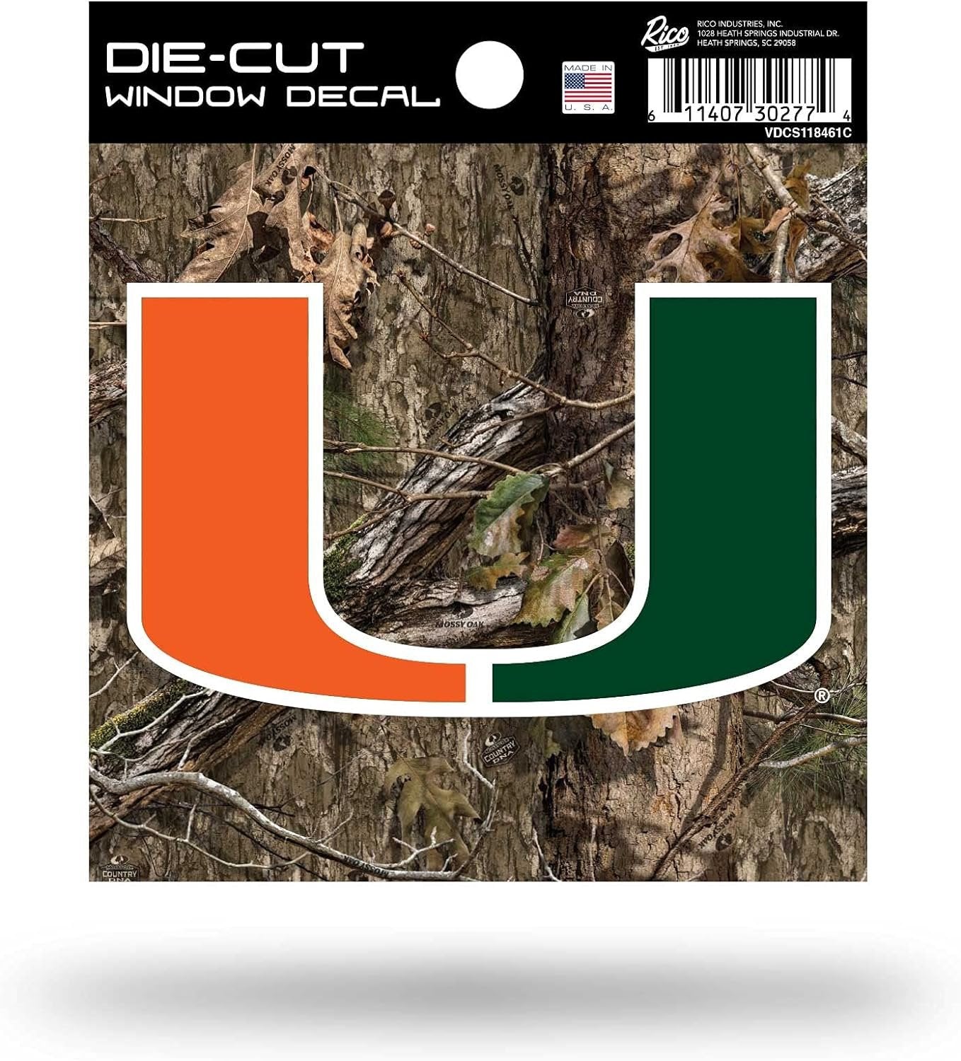 University of Miami Hurricanes 4x4 Inch Sticker Decal, Camo Design, Flat Vinyl, Full Adhesive Backing