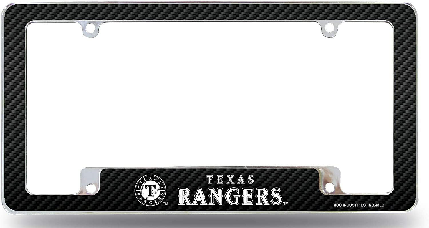 Texas Rangers Metal License Plate Frame Tag Cover Carbon Fiber Design EZ View Heavy Gauge, 12x6 Inch