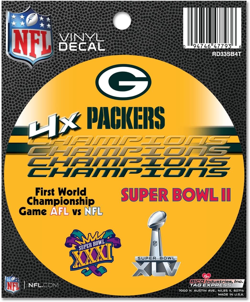 Green Bay Packers 4X Time Super Bowl Champion Sticker Decal Vinyl 4 Inch Round Full Adhesive Backing