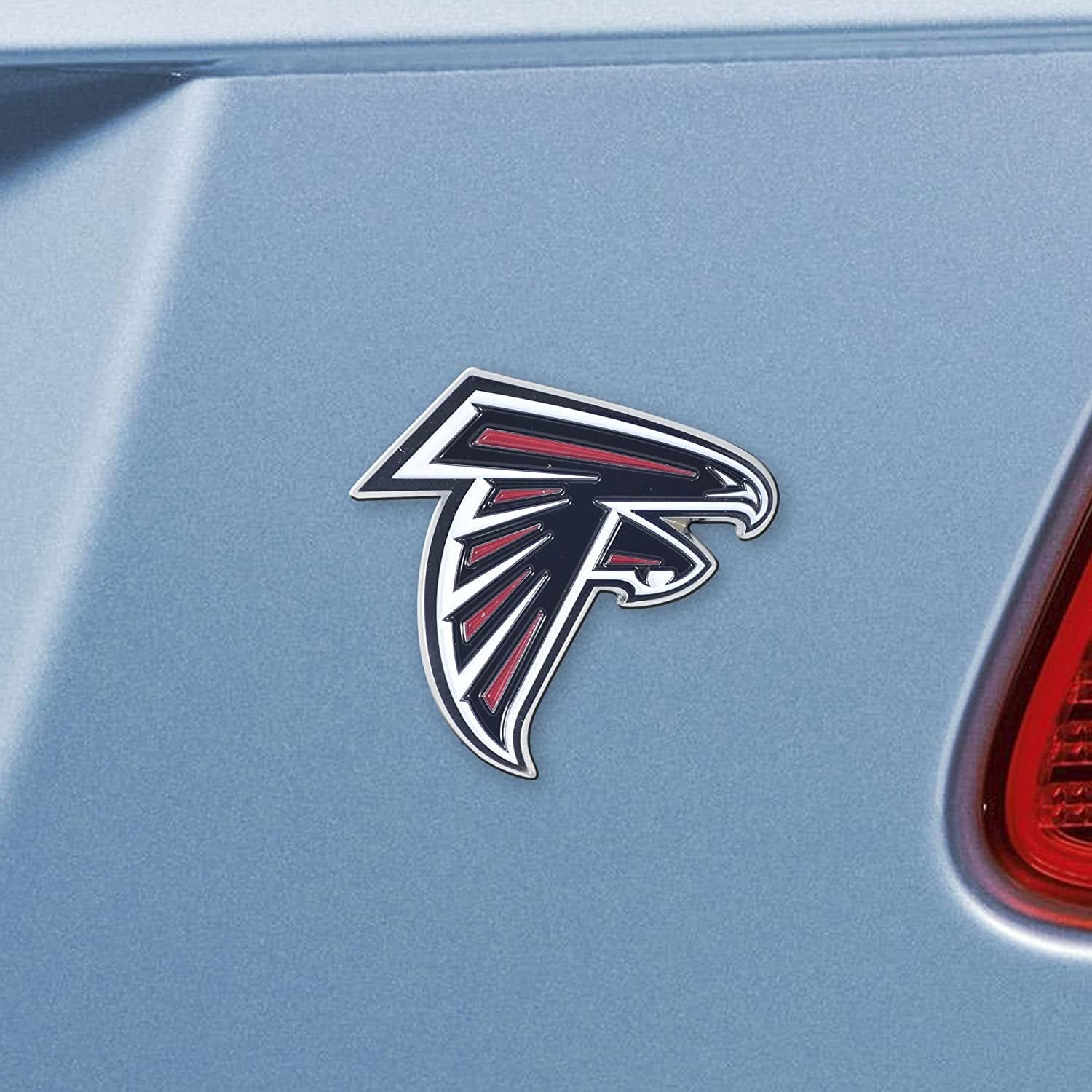 Atlanta Falcons Premium Solid Metal Raised Auto Emblem, Team Color, Shape Cut, Adhesive Backing