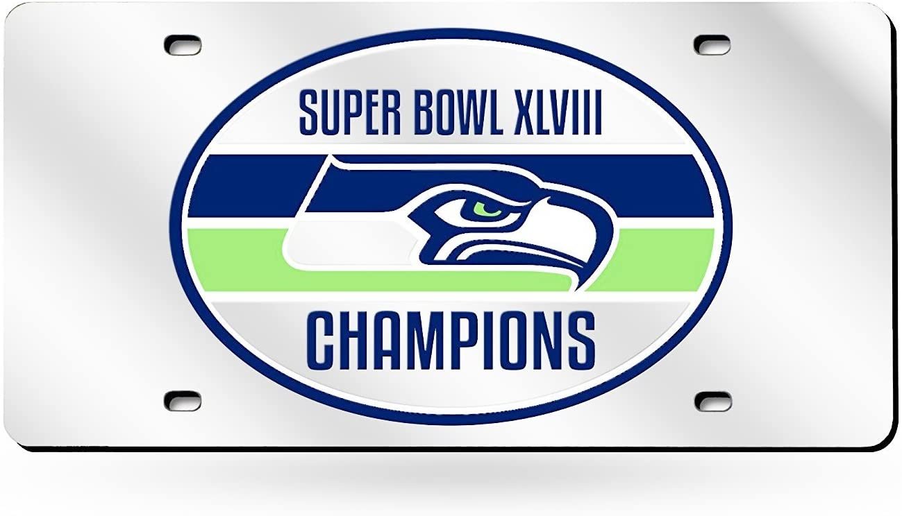 Seattle Seahawks 2014 Super Bowl Champions Laser Cut Tag License Plate, Mirrored Acrylic Inlaid, 12x6 Inch