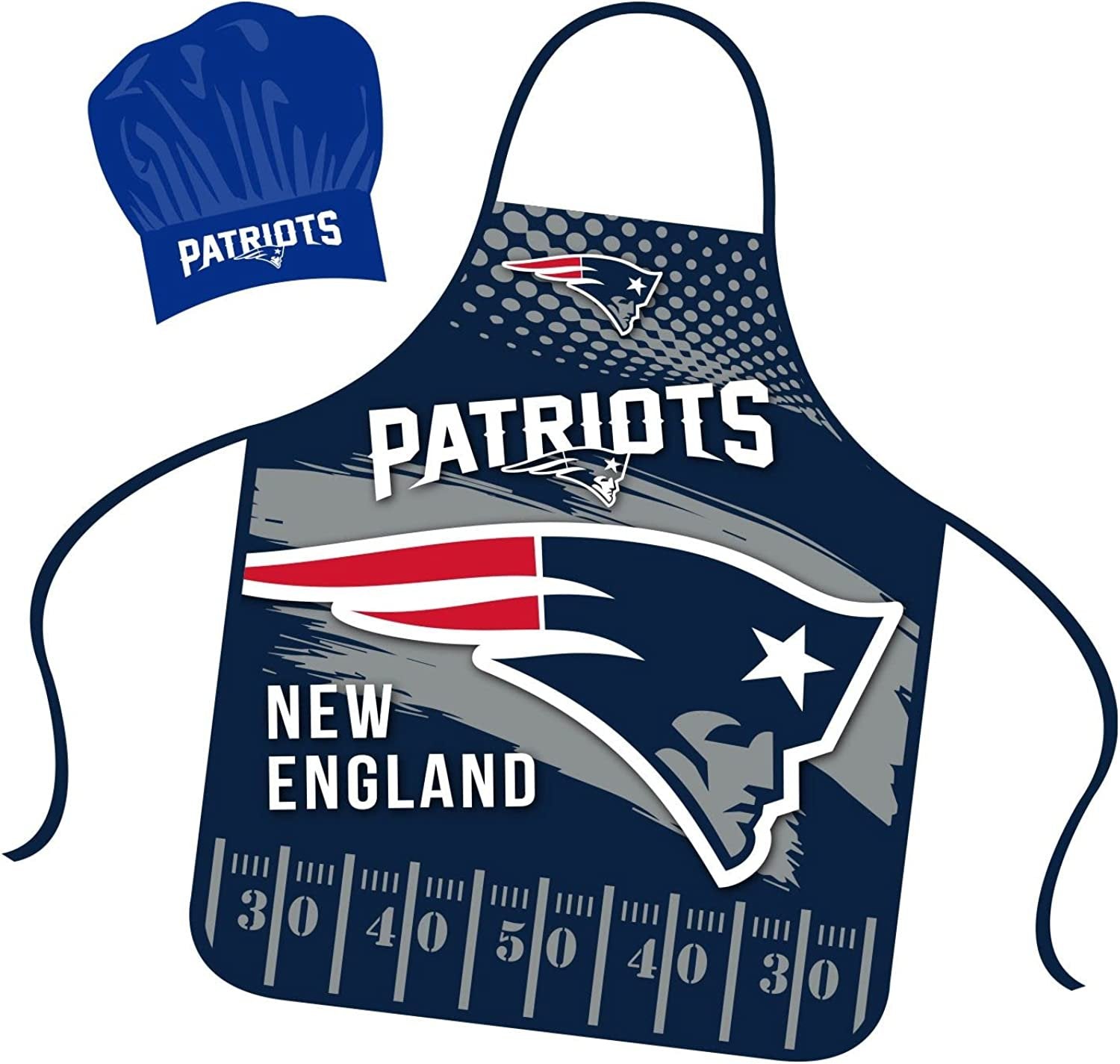 New England Patriots Apron Chef Hat Set Full Color Universal Size Tie Back Grilling Tailgate BBQ Cooking Host