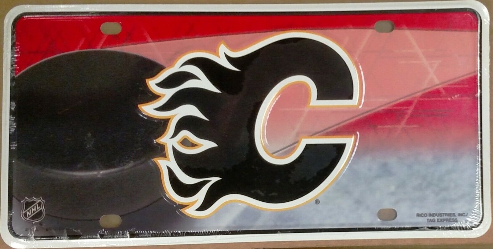 Calgary Flames Metal Auto Tag License Plate, Puck Design, 6x12 Inch