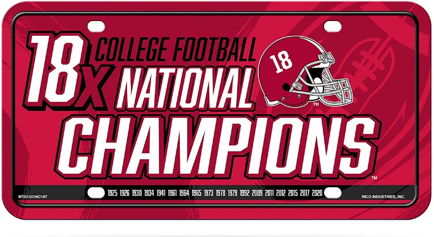 University of Alabama Crimson Tide Metal Auto Tag License Plate, 18-Time Champions, 6x12 Inch