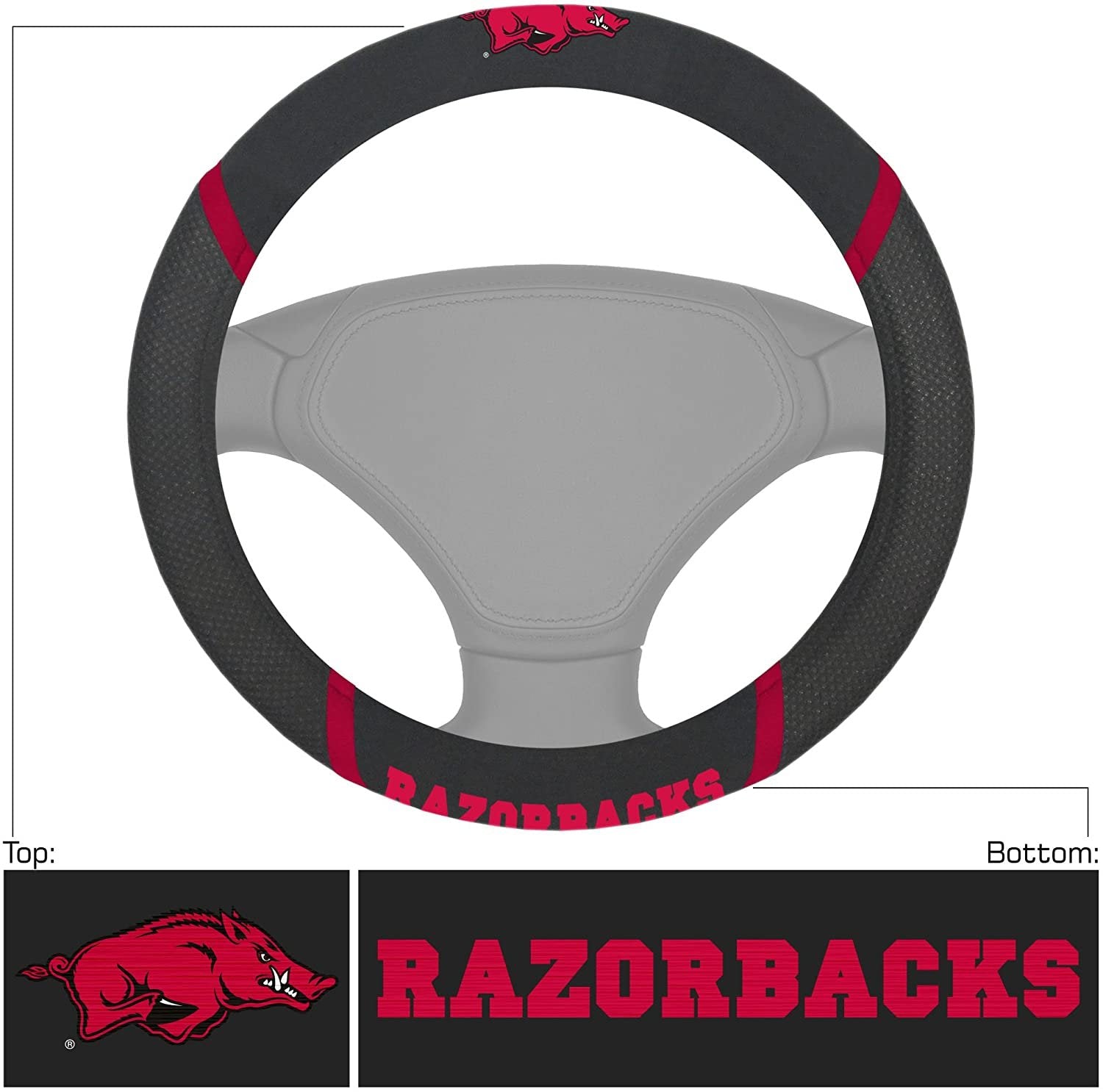 Arkansas Razorbacks Steering Wheel Cover Premium Embroidered Black 15 Inch University of
