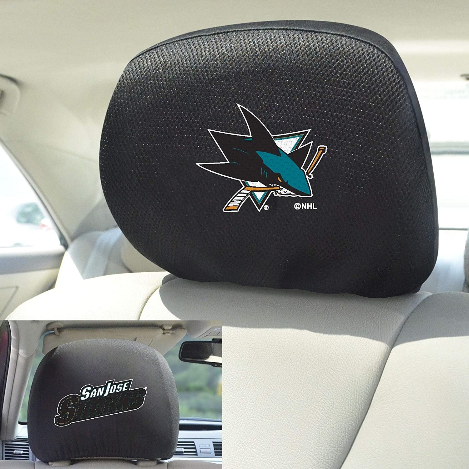 San Jose Sharks Pair of Premium Auto Head Rest Covers, Embroidered, Black Elastic, 14x10 Inch