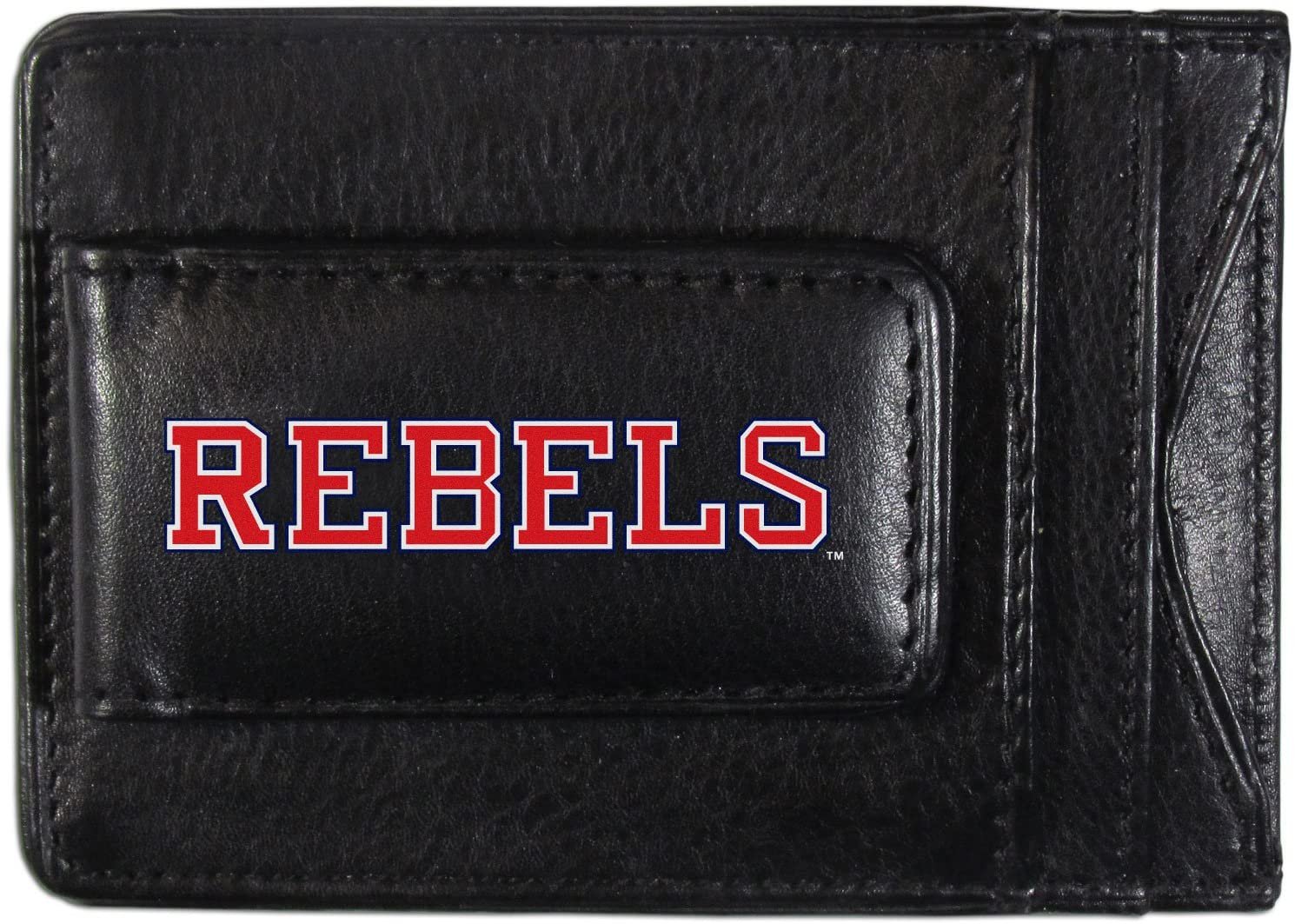 University of Mississippi Rebels Ole Miss Black Leather Wallet, Front Pocket Magnetic Money Clip, Printed Logo