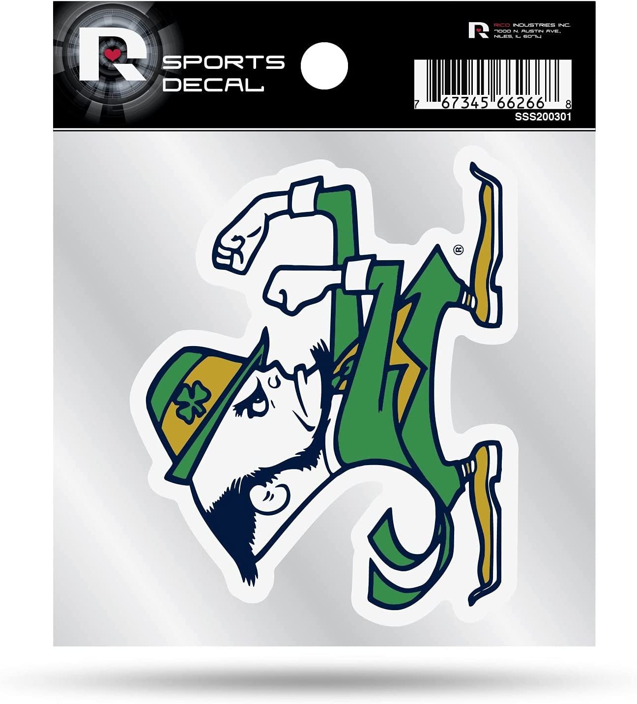 University of Notre Dame Fighting Irish 4x4 Inch Die Cut Decal Sticker, Leprechaun Logo, Clear Backing