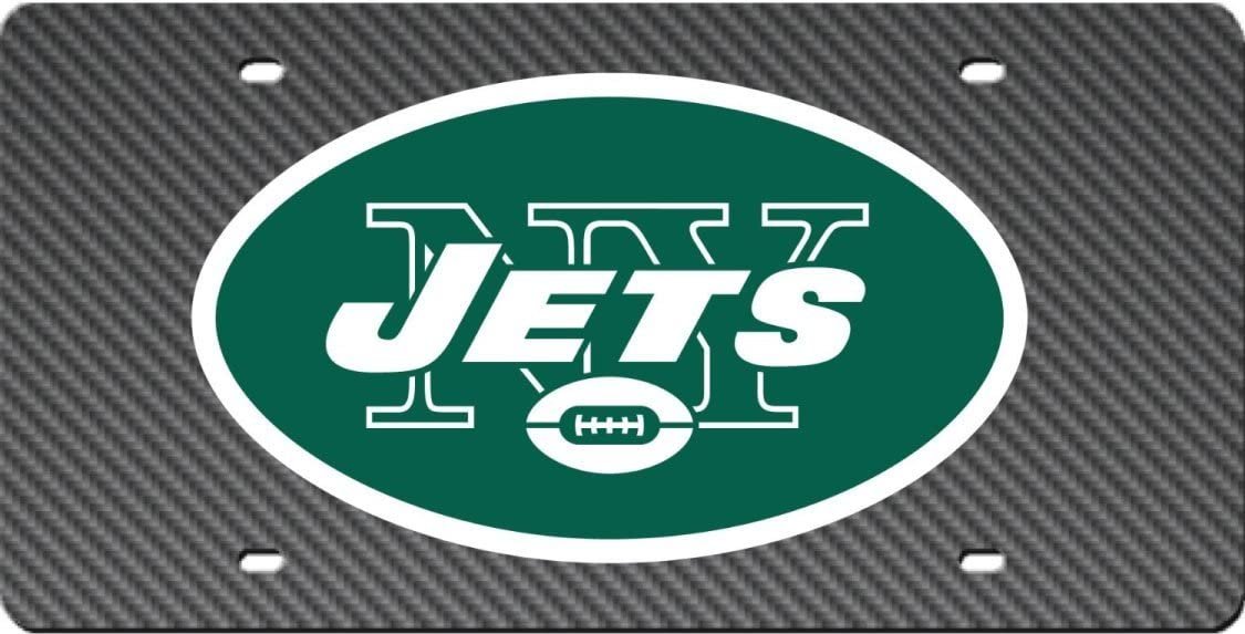 New York Jets Premium Laser Cut Tag License Plate, Carbon Fiber Design, Mirrored Acrylic Inlaid, 6x12 Inch