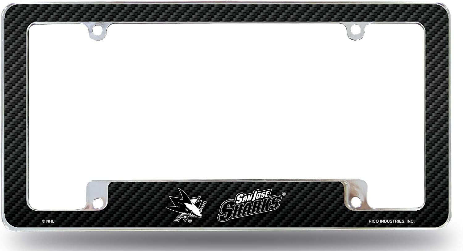 San Jose Sharks Metal License Plate Frame EZ View Carbon Fiber Design All Over Style Heavy Gauge Chrome Tag Cover Hockey