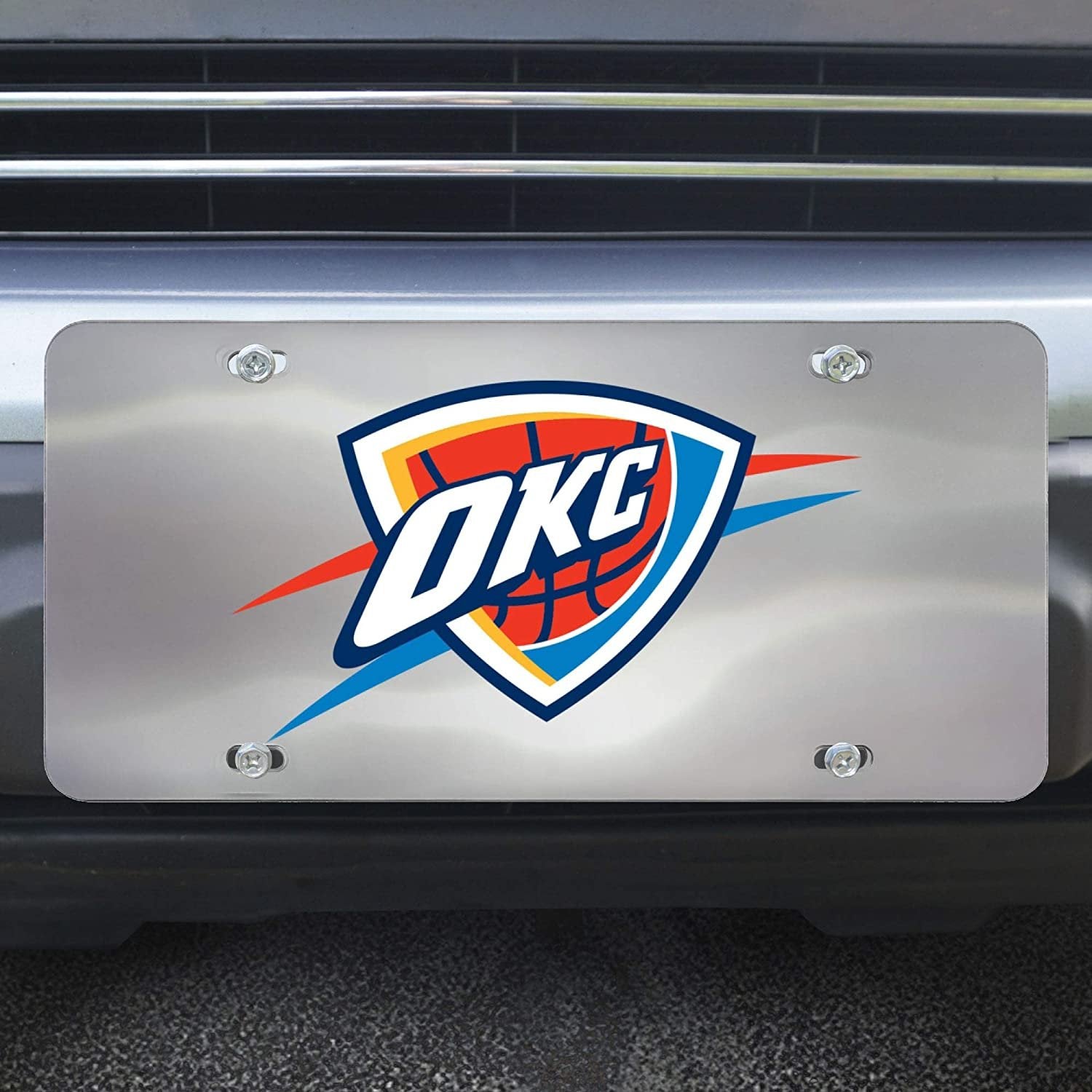 Oklahoma City Thunder License Plate Tag, Premium Stainless Steel Diecast, Chrome, Raised Solid Metal Color Emblem, 6x12 Inch