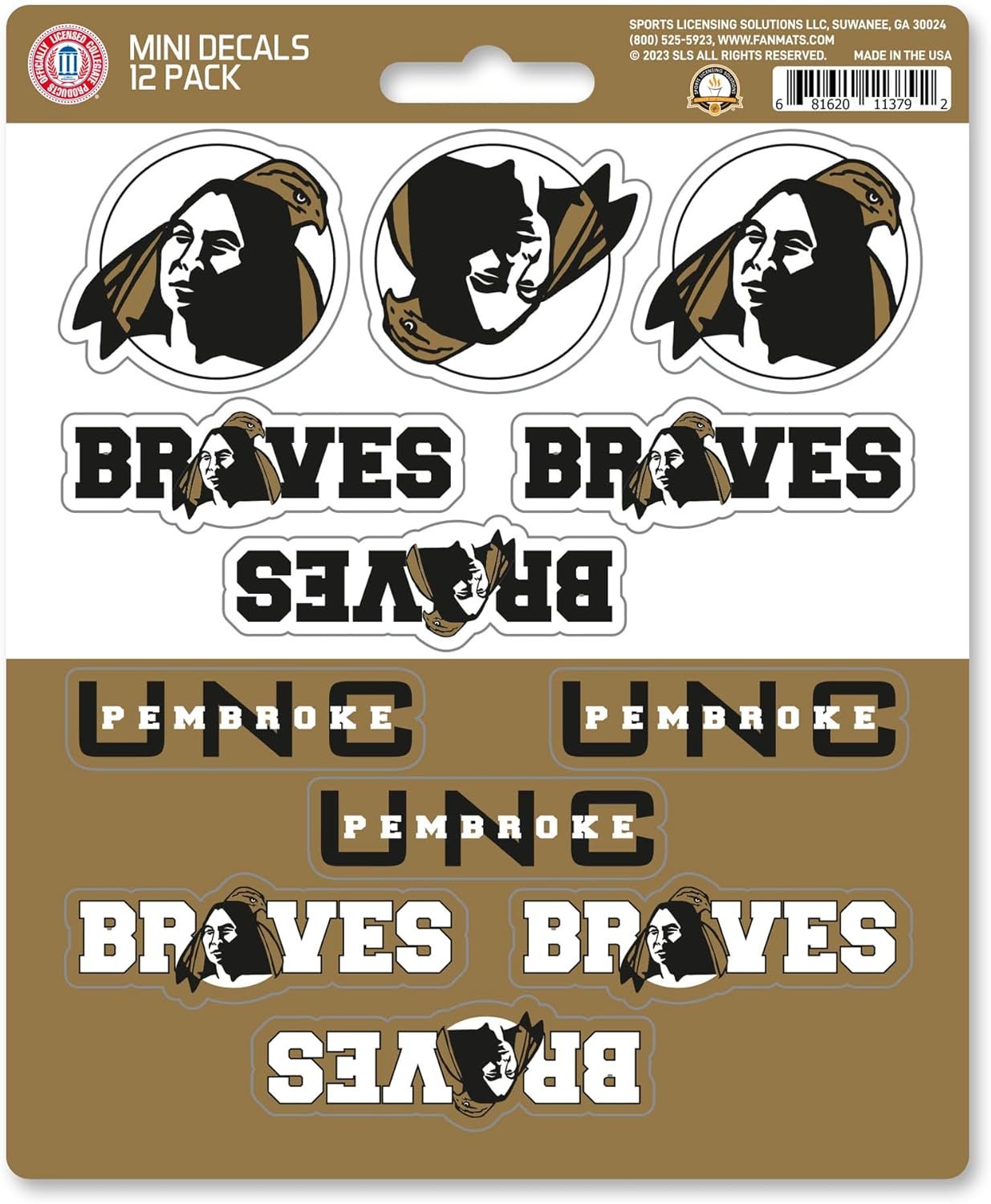 University of North Carolina Pembroke Braves 12-Piece Mini Decal Sticker Set, 5x6 Inch Sheet, Gift for football fans for any hard surfaces around home, automotive, personal items