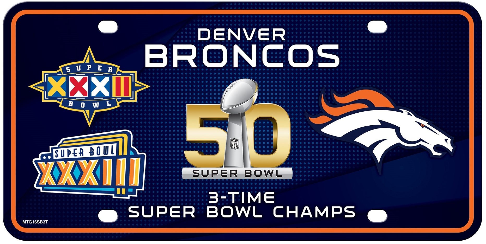 Denver Broncos Metal Auto Tag License Plate, 3-Time Super Bowl Champions, 12x6 Inch