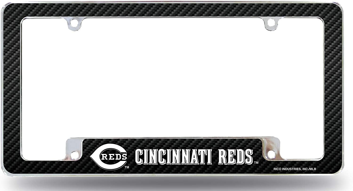 Cincinnati Reds Metal License License Plate Frame Tag Cover, Carbon Fiber Style, 12x6 Inch