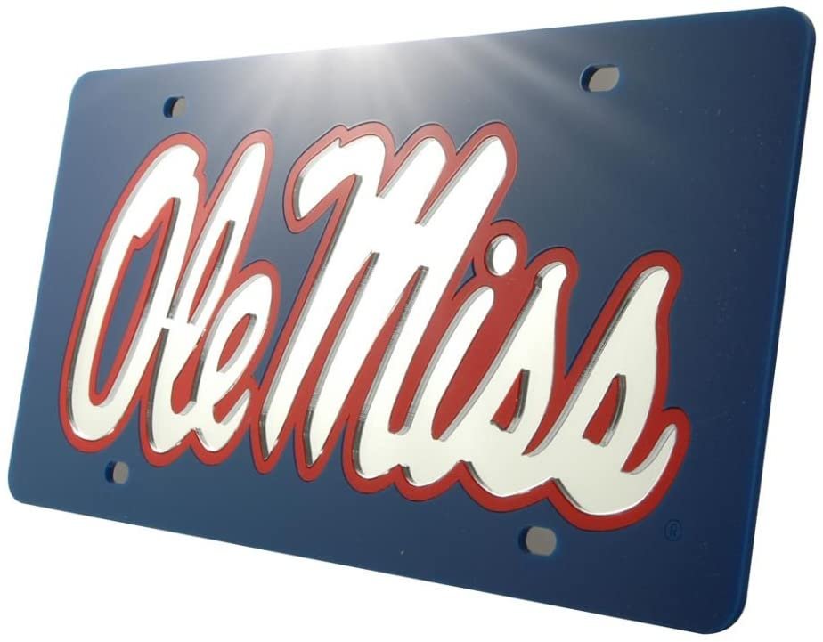 University of Mississippi Ole Miss Premium Laser Cut Tag License Plate, Blue Mirrored Acrylic Inlaid, 6x12 Inch