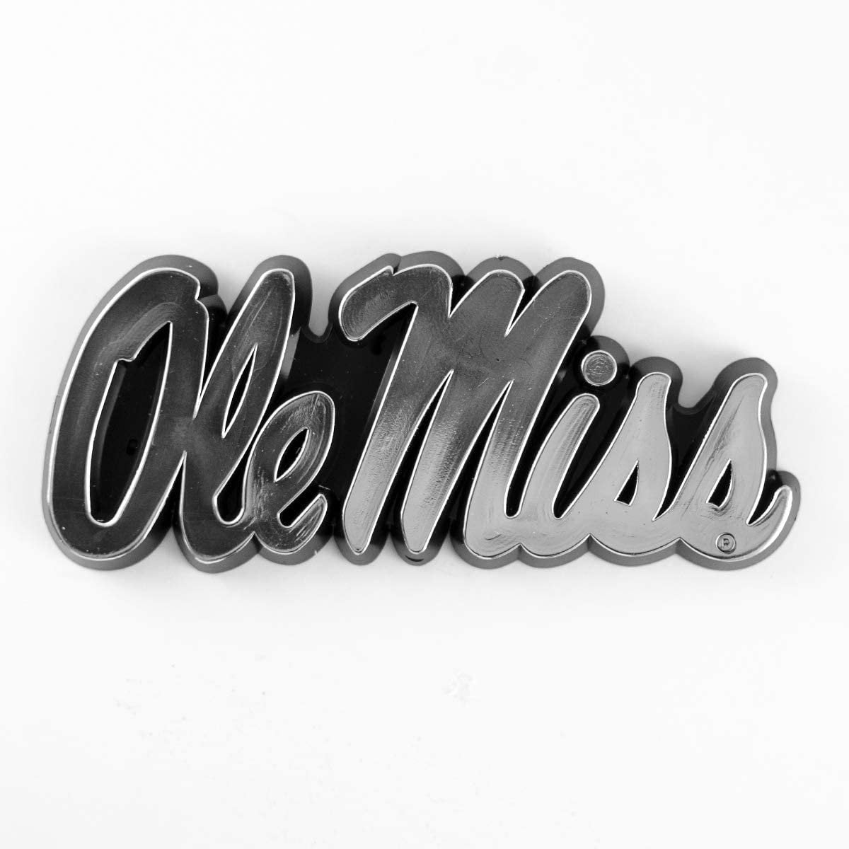 University of Mississippi Ole Miss Rebels Auto Emblem, Plastic Molded, Silver Chrome Color, Raised 3D Effect, Adhesive Backing