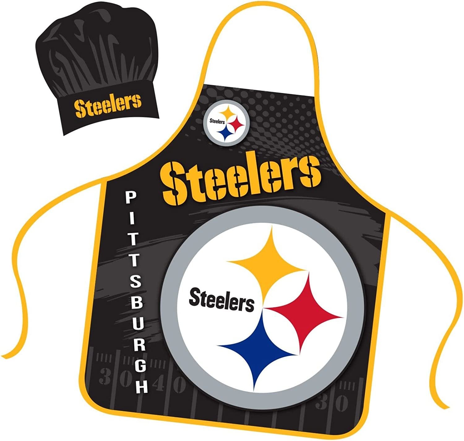 Pittsburgh Steelers Apron Chef Hat Set Full Color Universal Size Tie Back Grilling Tailgate BBQ Cooking Host
