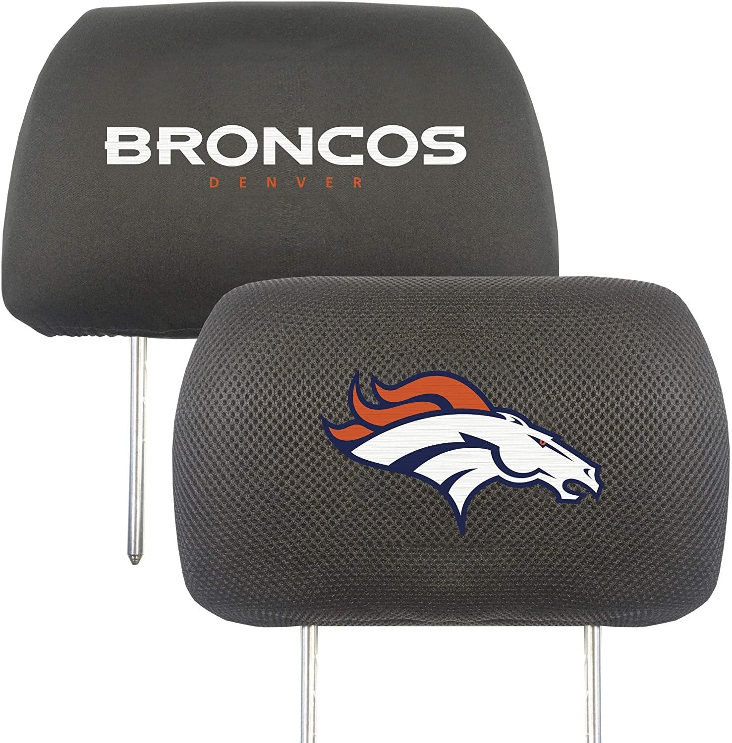 Denver Broncos Pair of Premium Auto Head Rest Covers, Embroidered, Black Elastic, 14x10 Inch
