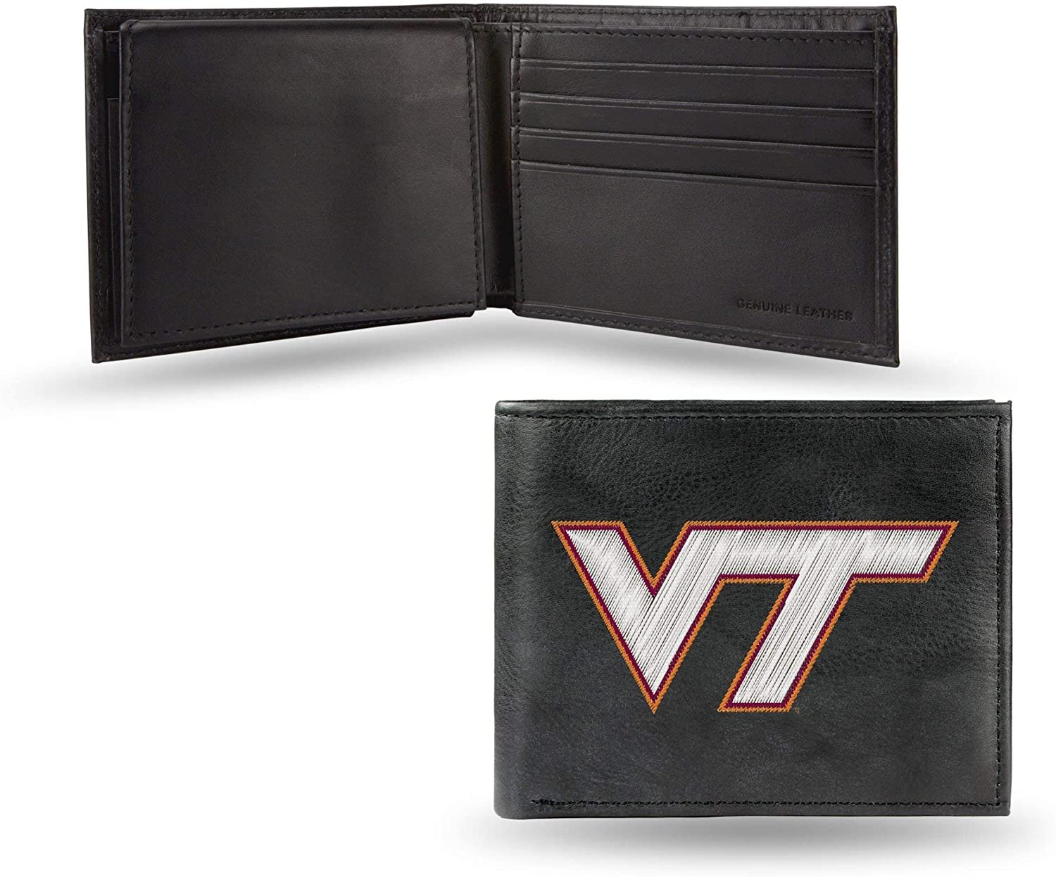 Virginia Tech Hokies Premium Black Leather Wallet, Bifold Billfold, Embroidered Logo