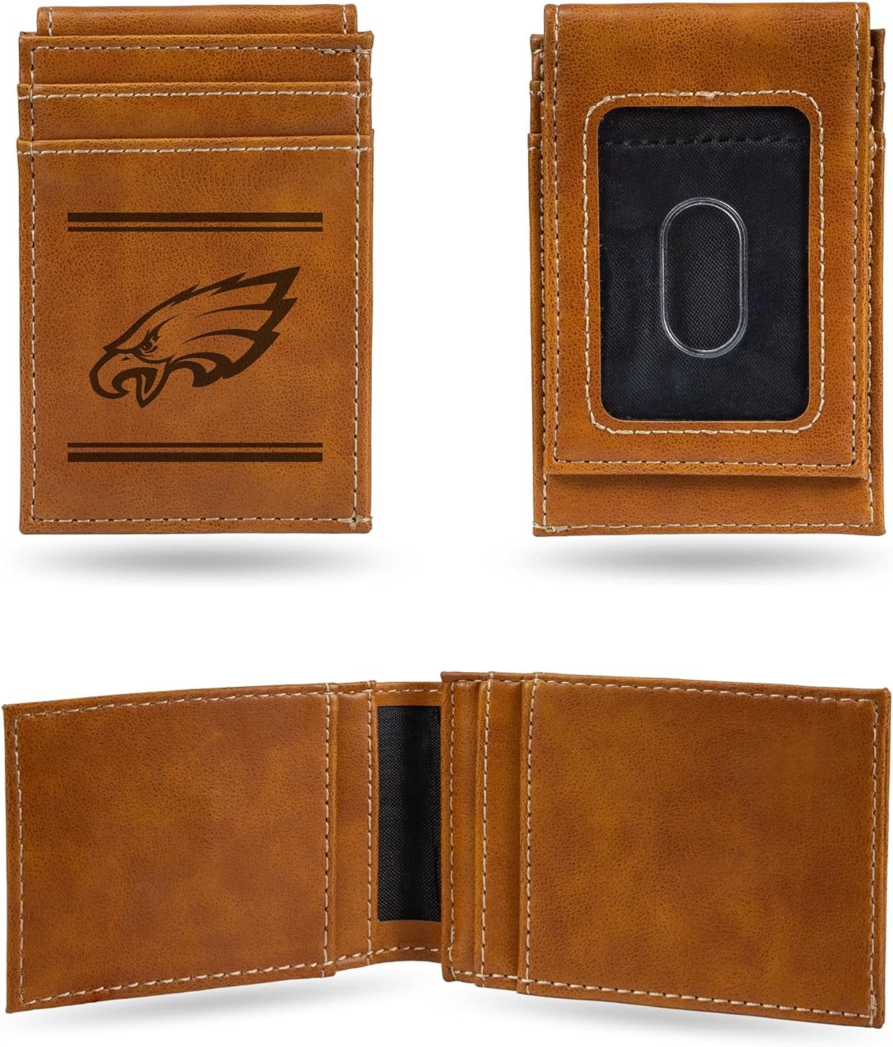 Philadelphia Eagles Premium Brown Leather Wallet, Front Pocket Magnetic Money Clip, Laser Engraved, Vegan