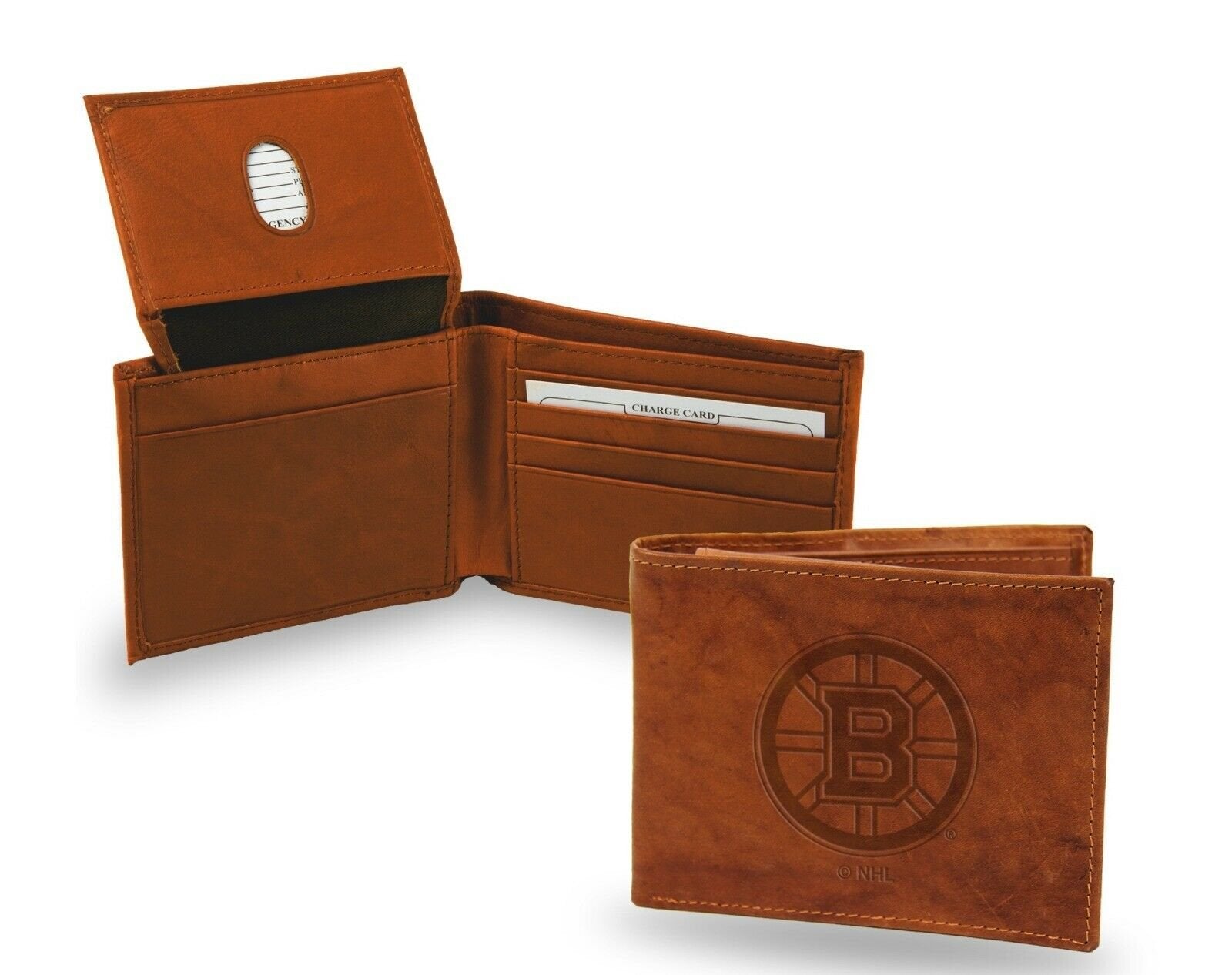 Boston Bruins Premium Brown Leather Wallet, Bifold Billfold, Embossed Laser Engraved