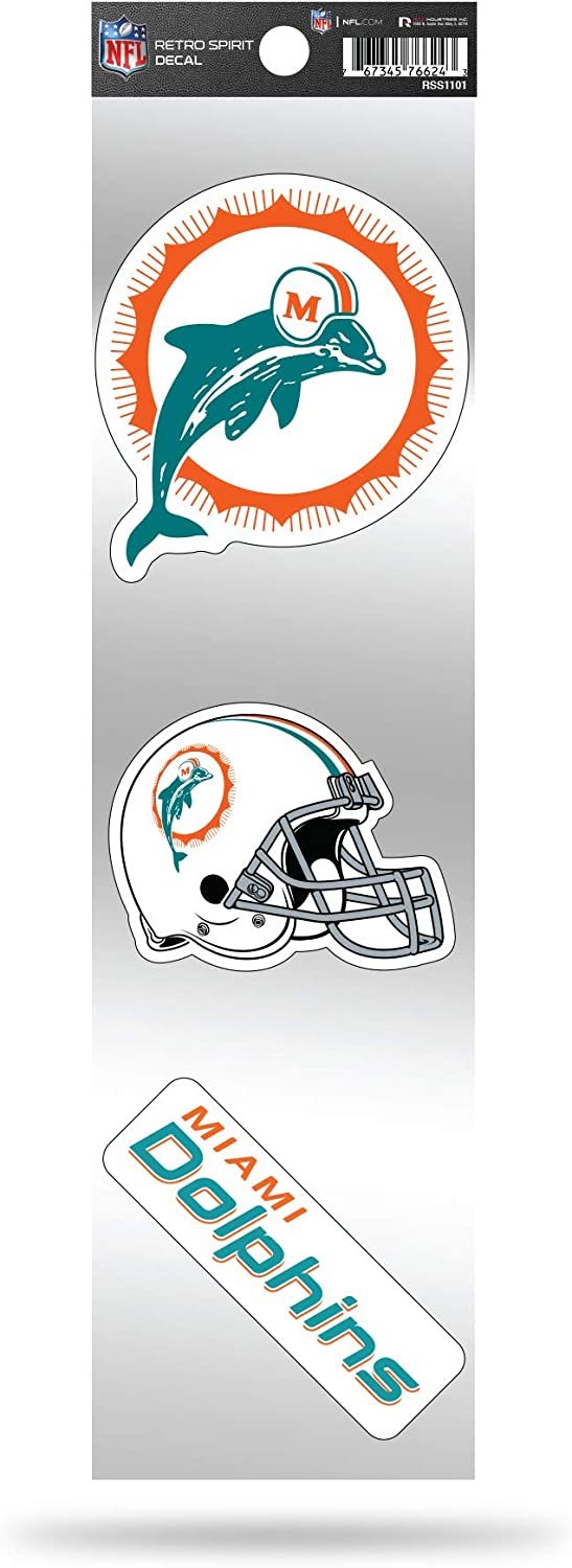 Miami Dolphins 3-Piece Retro Decal Sticker Sheet, Die Cut, Clear Backing, 3x12 Inch