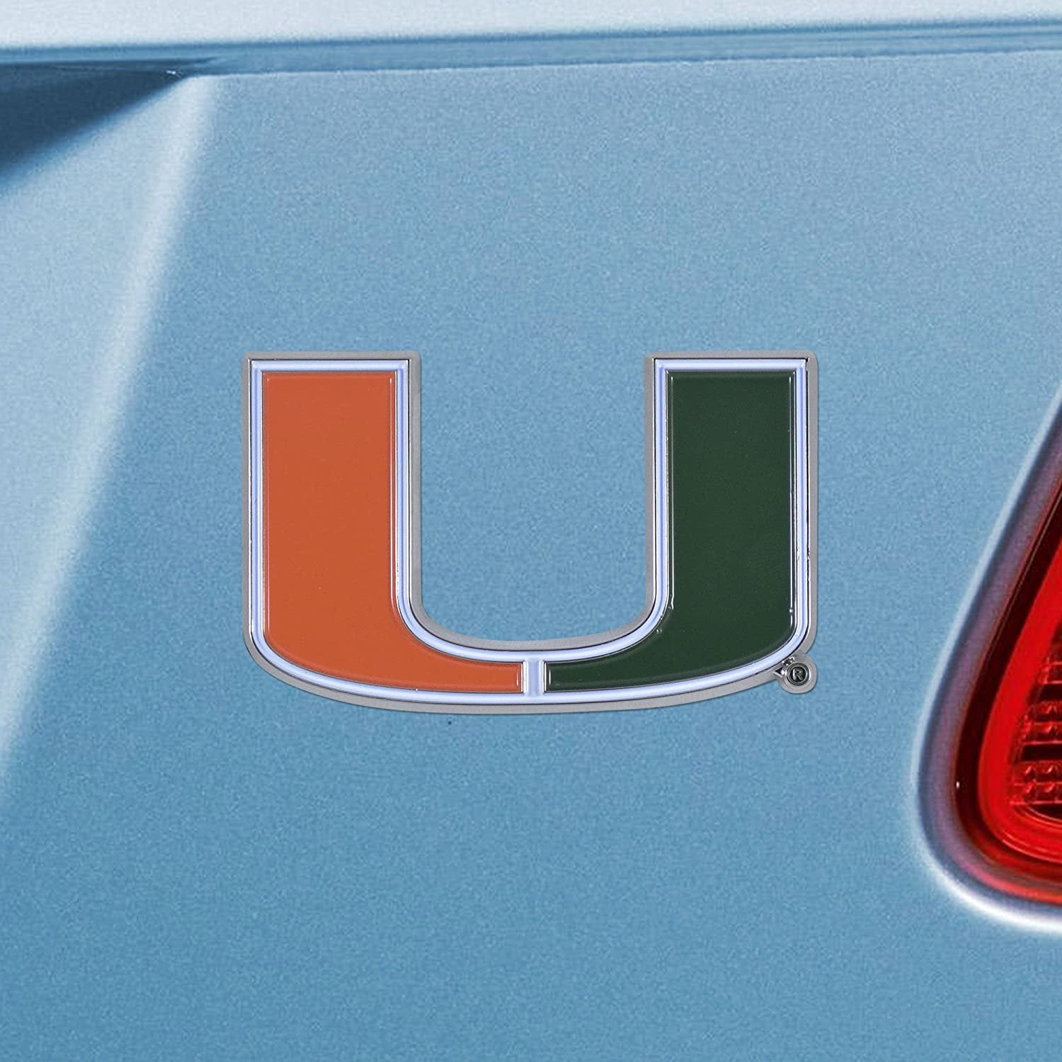 University of Miami Hurricanes Premium Solid Metal Raised Auto Emblem, Shape Cut, Adhesive Backing