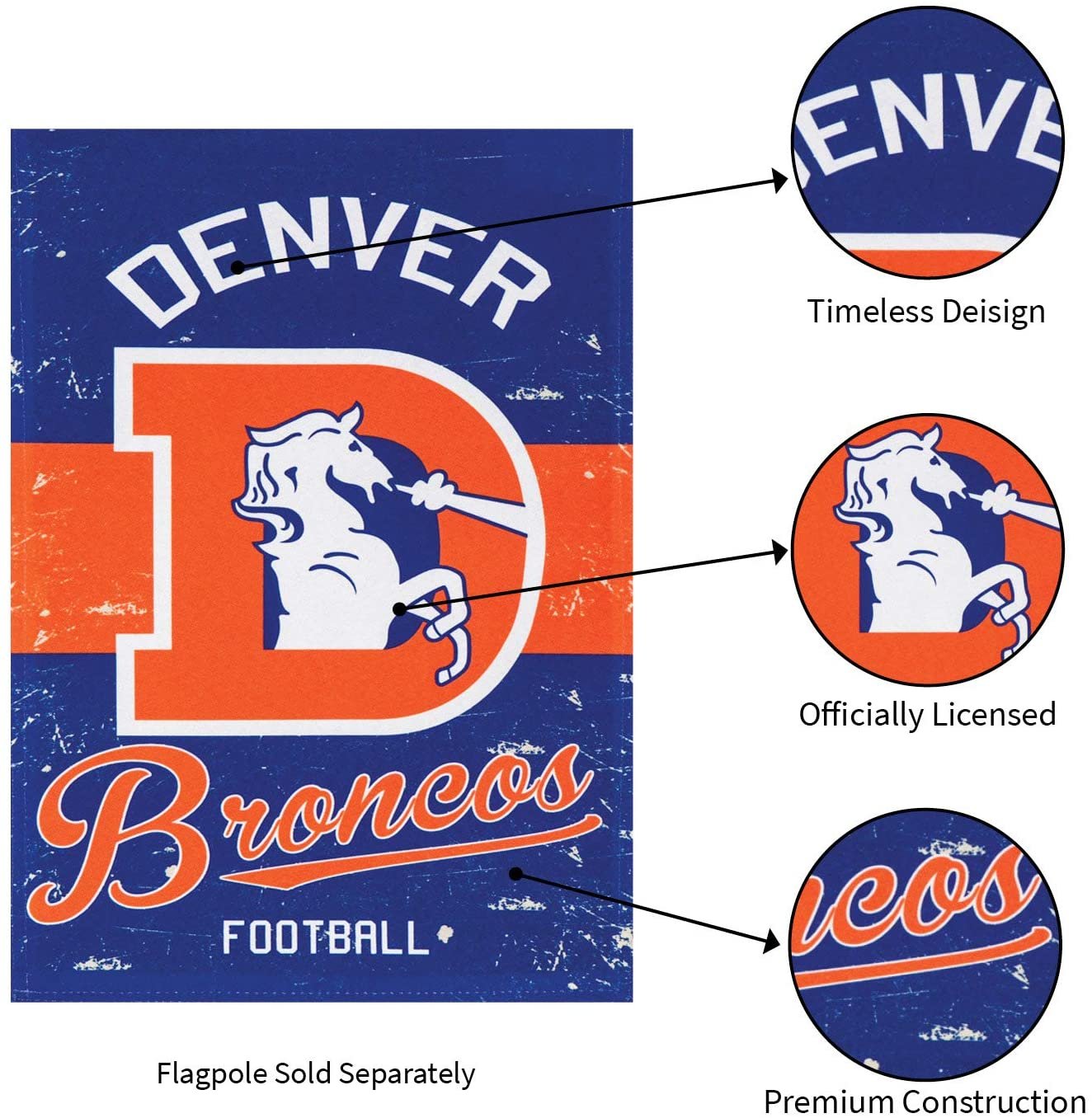 Denver Broncos Premium Garden Flag Banner, Double Sided, Retro Vintage Style, Linen, 13x18 Inch