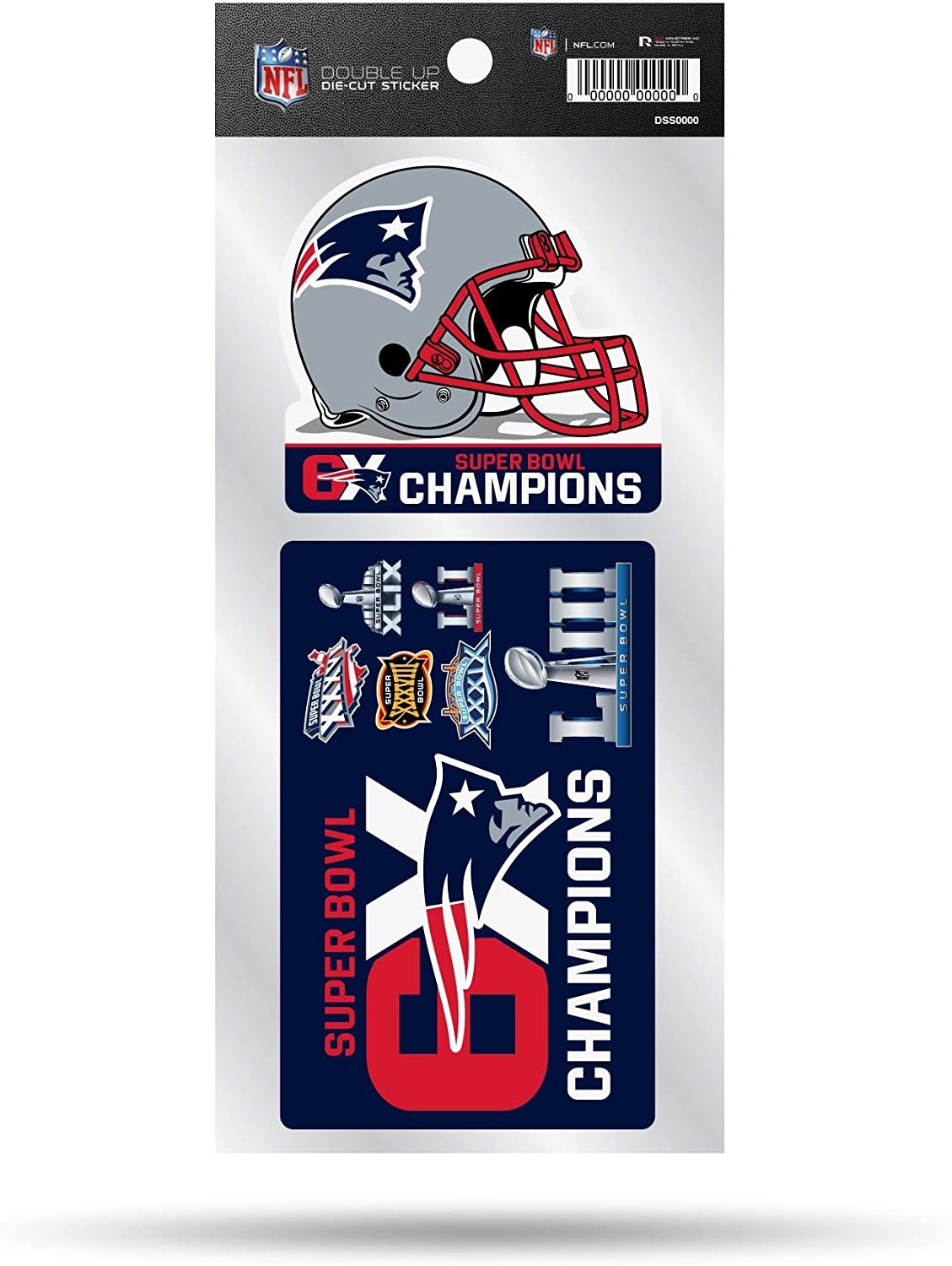 New England Patriots 6-Time Champions 2-Piece Double Up Die Cut Sticker Decal Sheet, 4x8 Inch