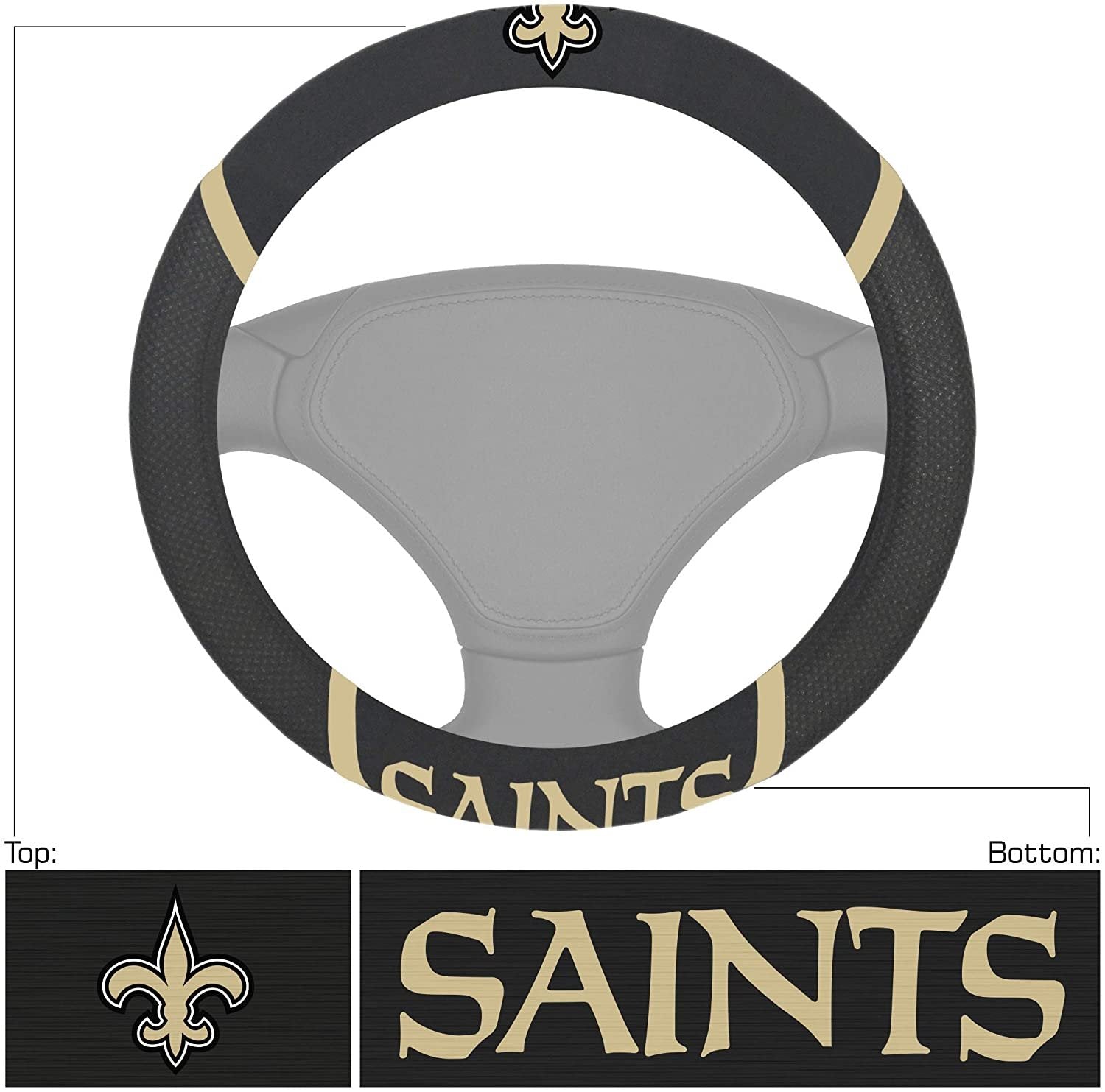 New Orleans Saints Premium 15 Inch Black Emroidered Steering Wheel Cover