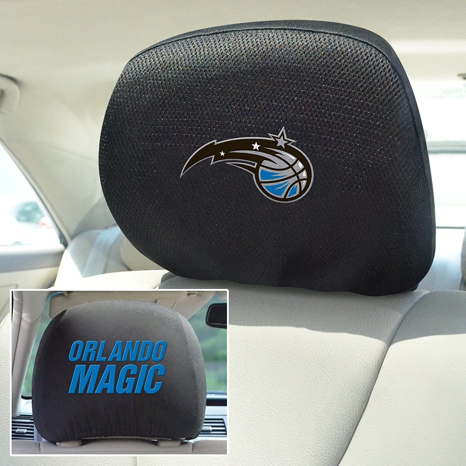 Orlando Magic Pair of Premium Auto Head Rest Covers, Embroidered, Black Elastic, 14x10 Inch