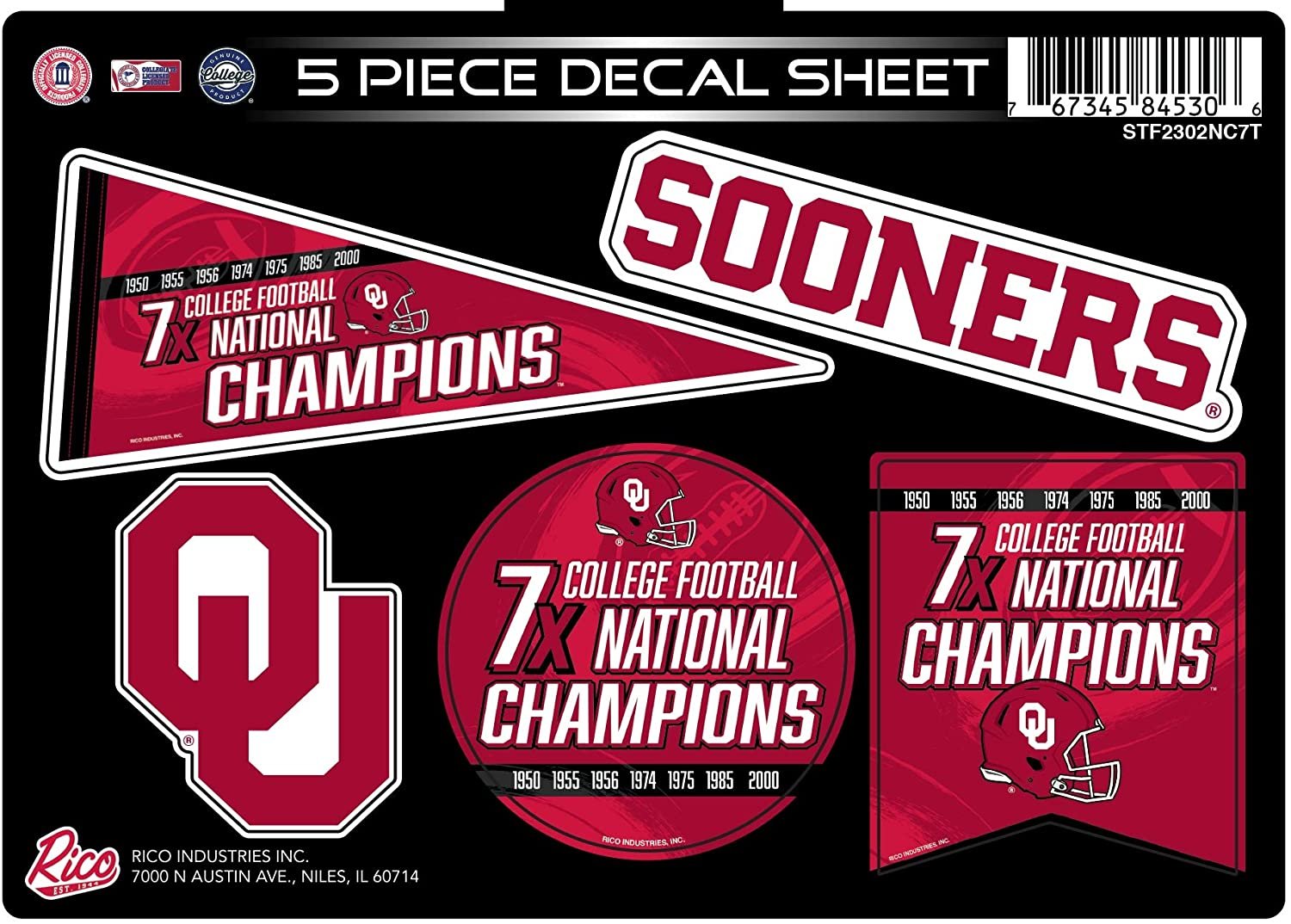 Oklahoma Sooners Decal Sticker Sheet 7X Time Champions 5 Piece Multi Flat Vinyl Emblem College Football University of