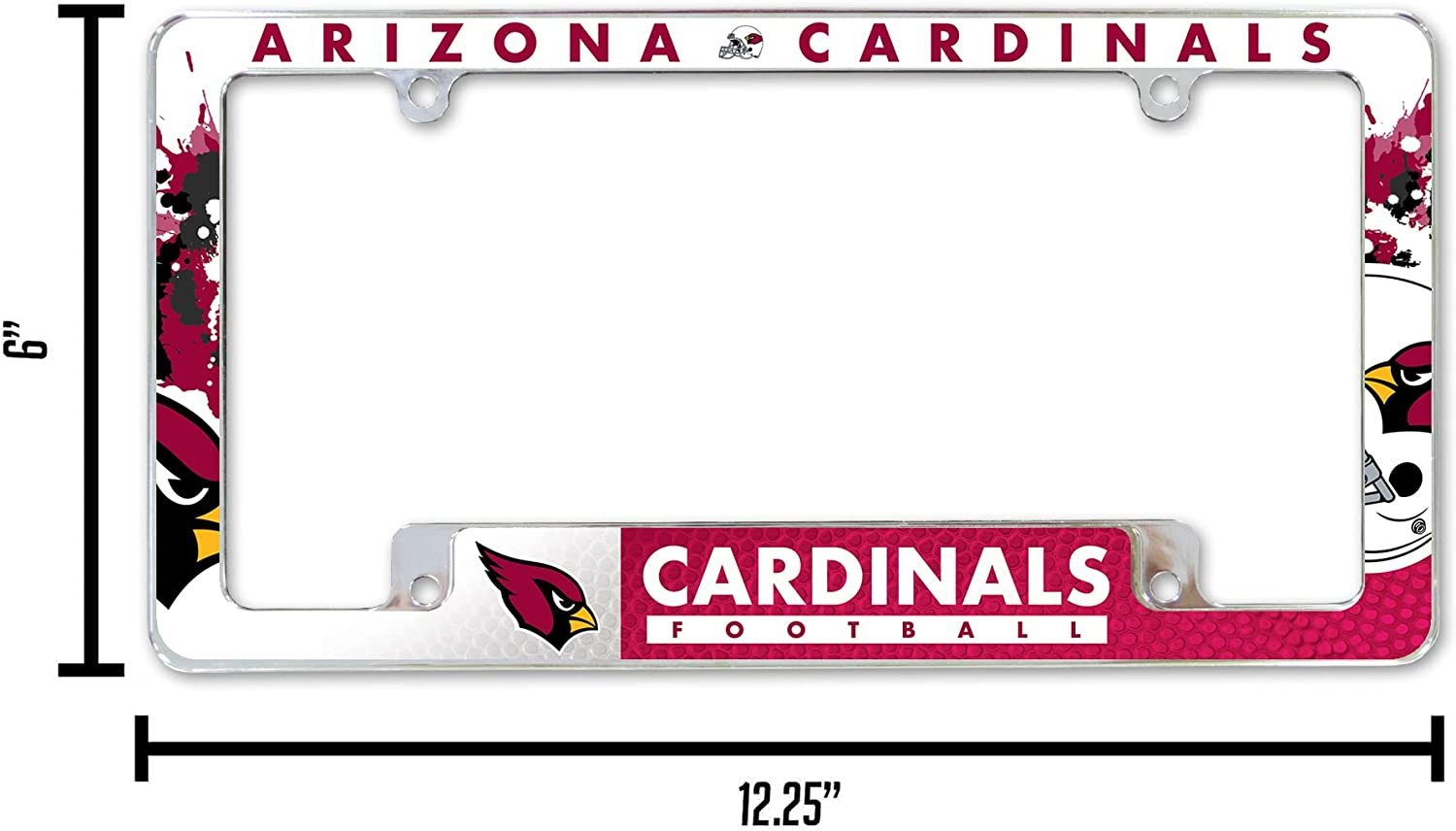 Arizona Cardinals Metal License License Plate Frame Tag Cover, All Over Design, 12x6 Inch