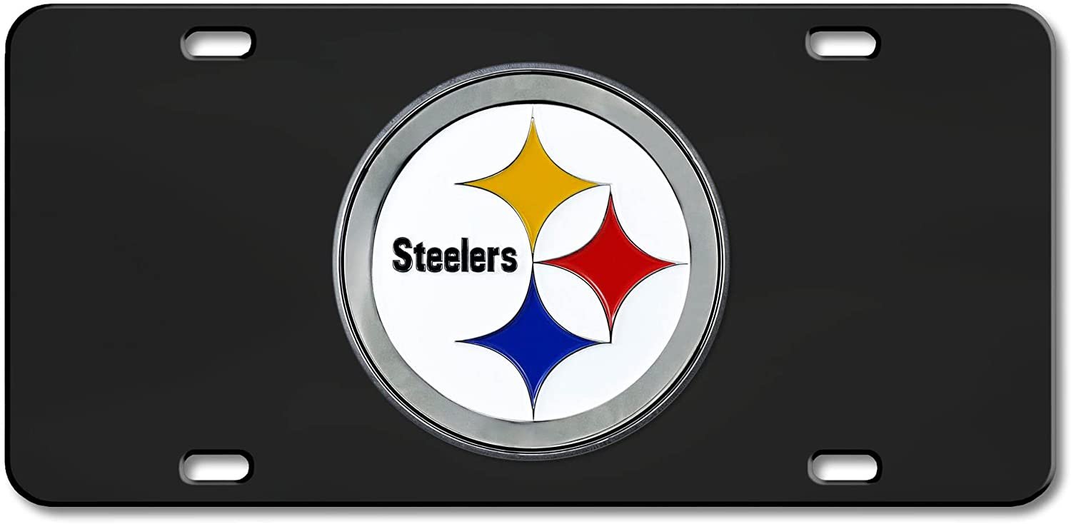 Pittsburgh Steelers License Plate Tag, Premium Stainless Steel Diecast, Black, Raised Solid Metal Color Emblem, 6x12 Inch