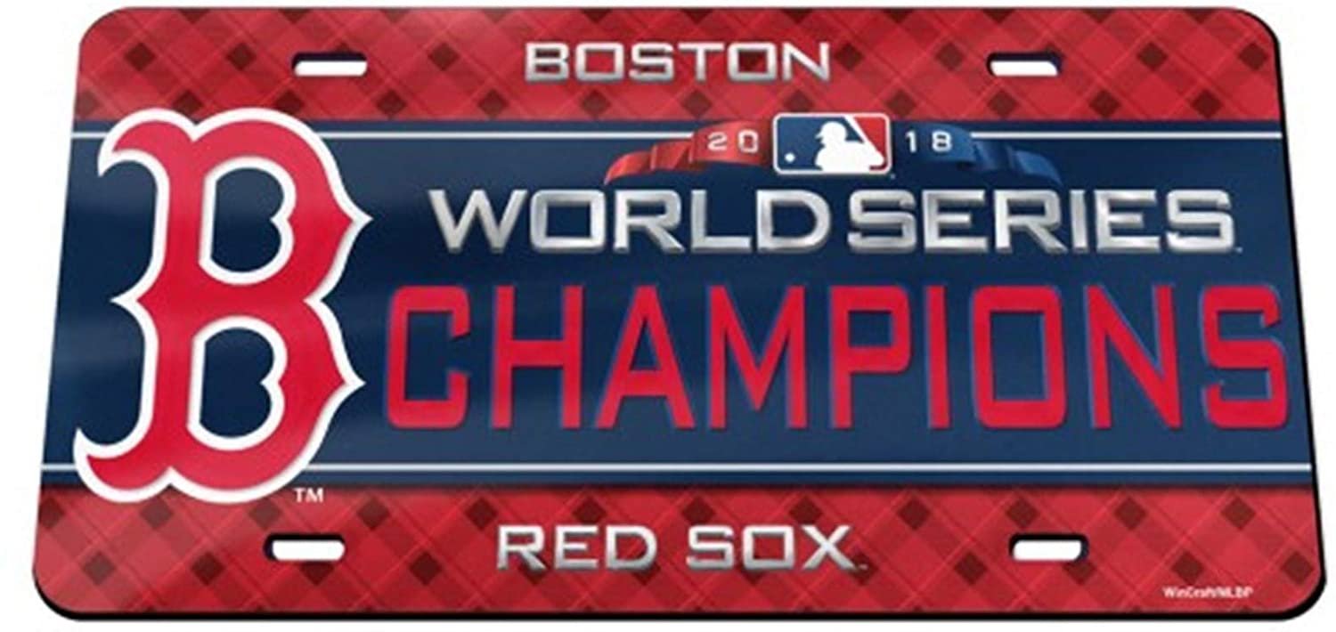 Boston Red Sox 2018 World Series Champions Laser Cut Tag License Plate, Mirrored Acrylic Inlaid, 6x12 Inch