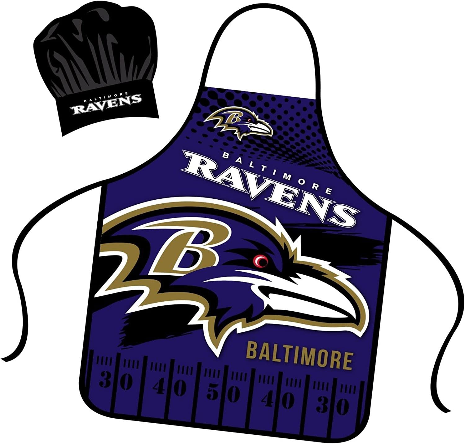 Baltimore Ravens Apron Chef Hat Set Full Color Universal Size Tie Back Grilling Tailgate BBQ Cooking Host