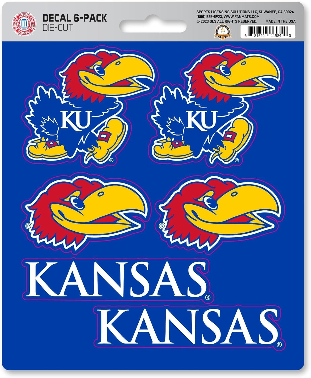University of Kansas Jayhawks 6-Piece Decal Sticker Set, 5x6 Inch Sheet, Gift for football fans for any hard surfaces around home, automotive, personal items