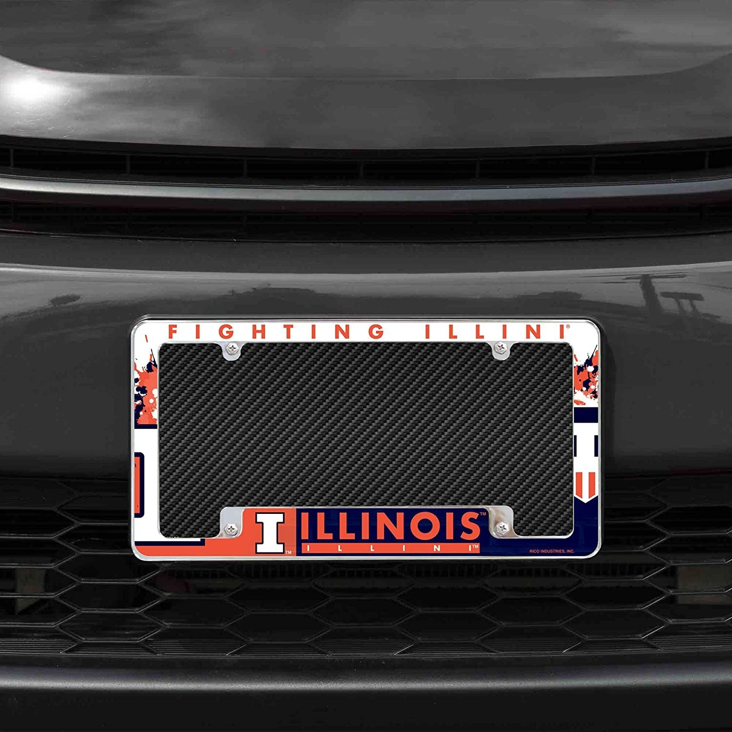 University of Illinois Fighting Illini Metal License Plate Frame Chrome Tag Cover All Over Design 6x12 Inch