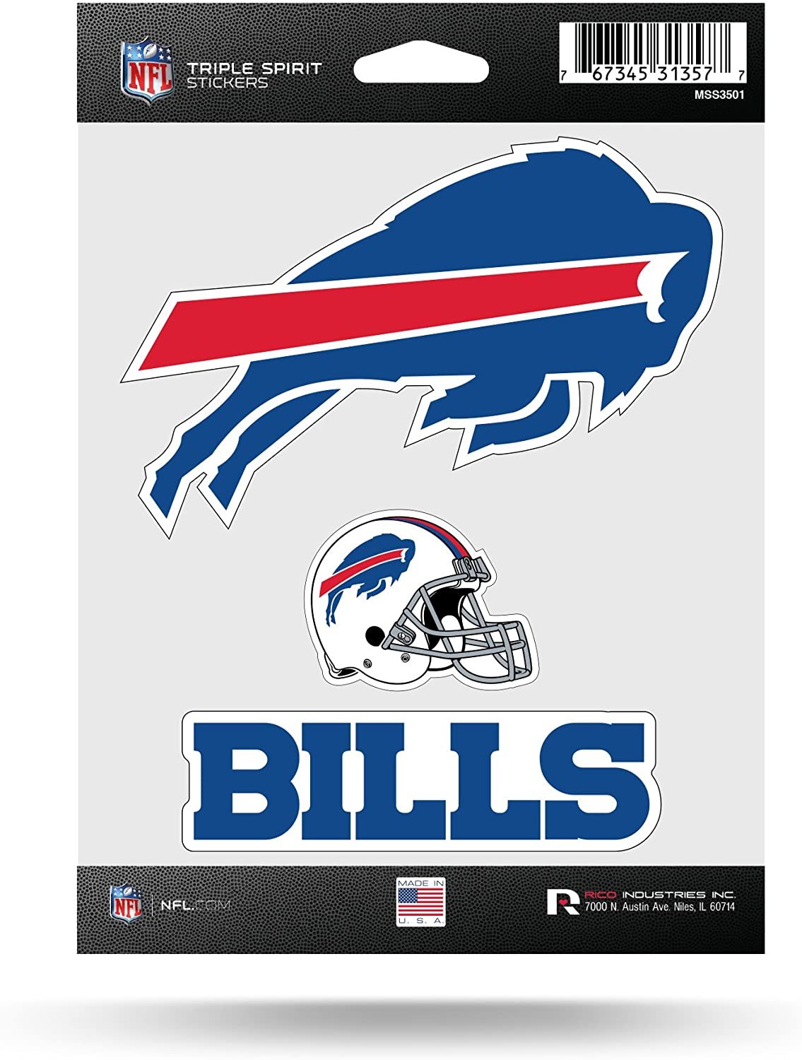 NFL Rico Industries Die Cut 3-Piece Triple Spirit Sticker Sheet, Buffalo Bills , 5 x 7-inches
