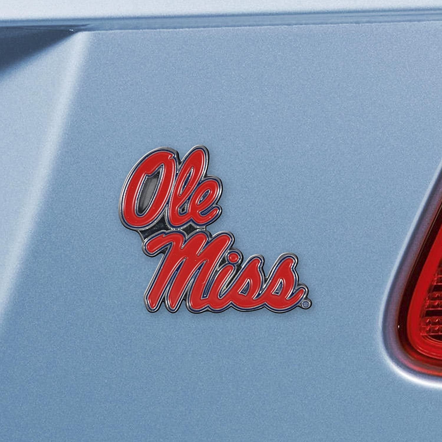 University of Mississippi Rebels Ole Miss Premium Solid Metal Raised Auto Emblem, Team Color, Shape Cut, Adhesive Backing