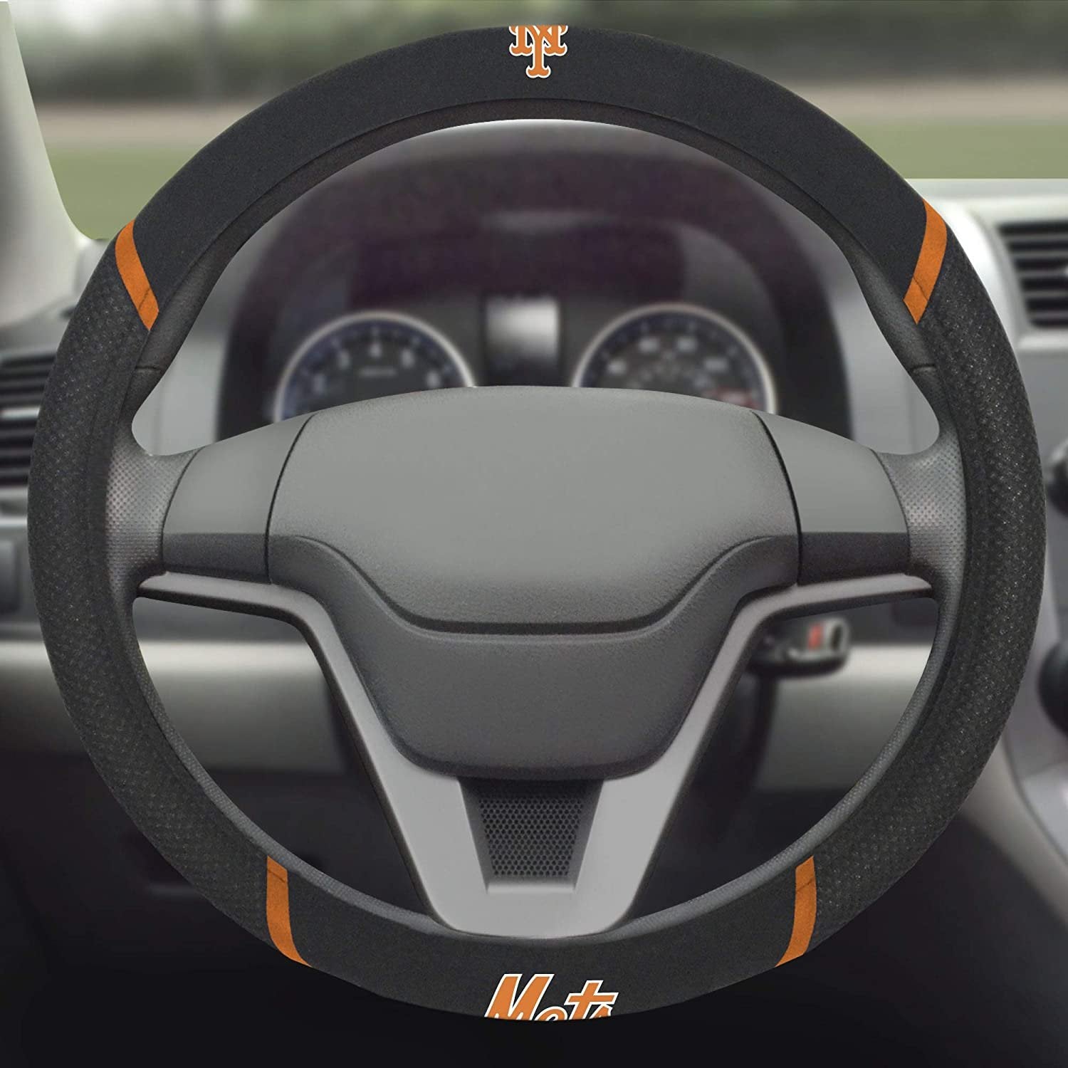 New York Mets Steering Wheel Cover Premium Embroidered Black 15 Inch
