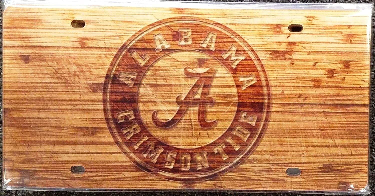 University of Alabama Crimson Tide Premium Laser Cut Tag License Plate, Woodgrain Design, Mirrored Acrylic Inlaid, 6x12 Inch