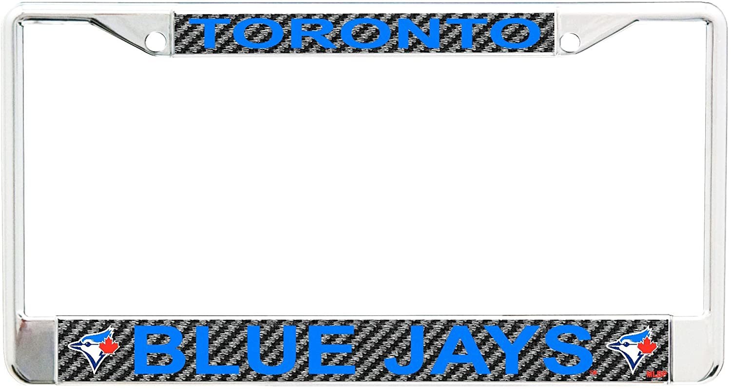 Toronto Blue Jays Chrome Metal License Plate Frame Tag Cover, Laser Mirrored Inserts, Carbon Fiber Design, 12x6 Inch