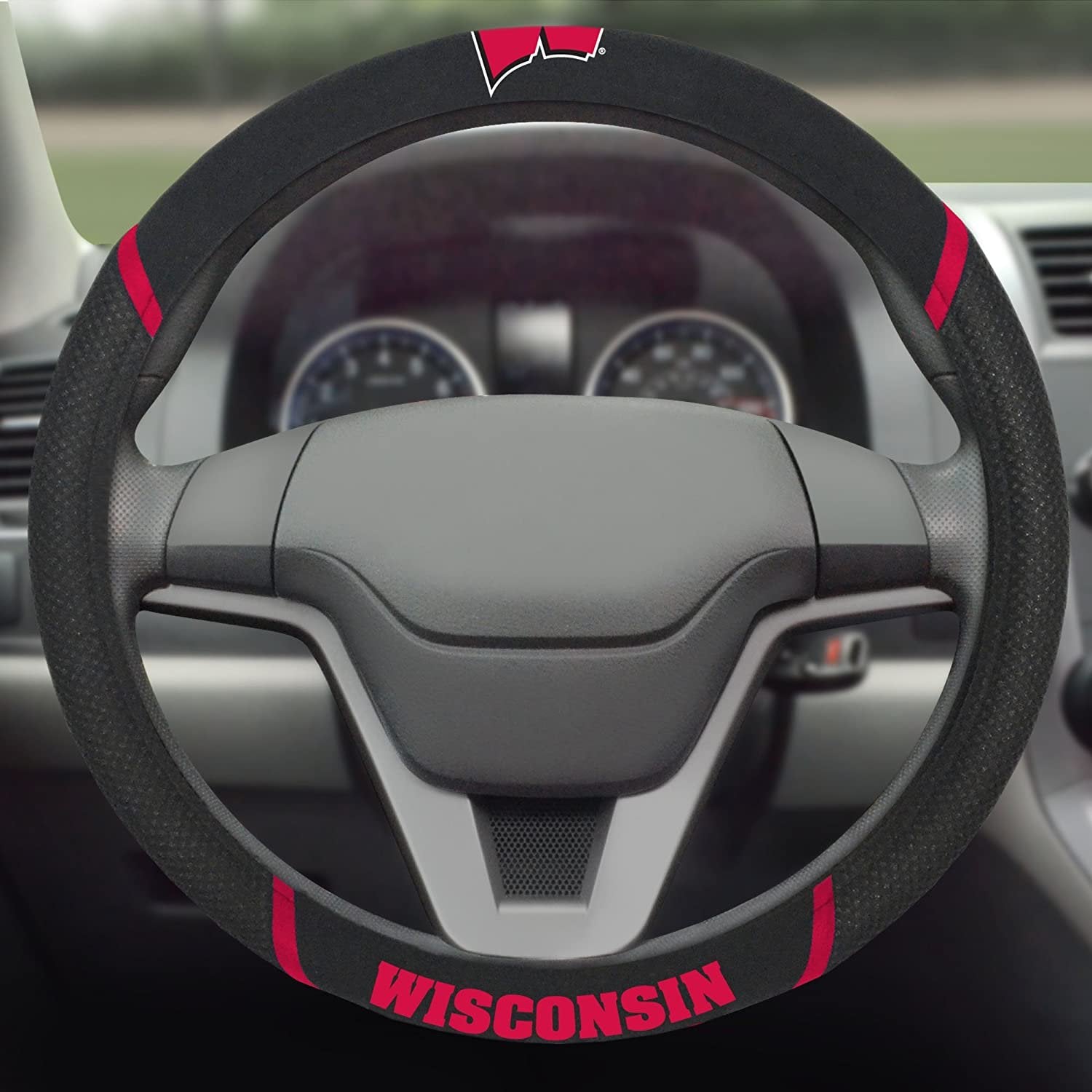 Wisconsin Badgers Premium 15 Inch Black Emroidered Steering Wheel Cover University of