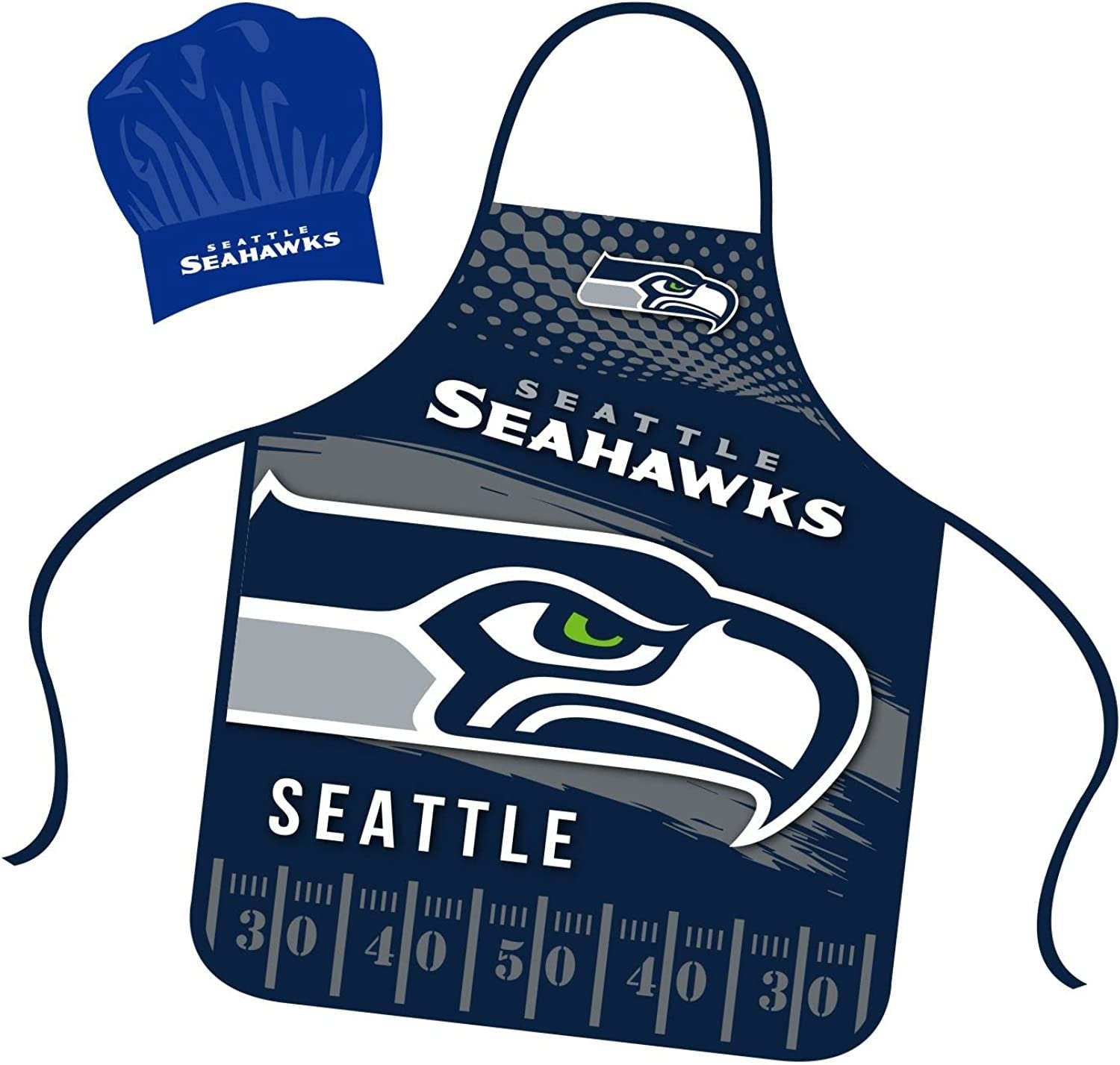 Seattle Seahawks Apron Chef Hat Set Full Color Universal Size Tie Back Grilling Tailgate BBQ Cooking Host