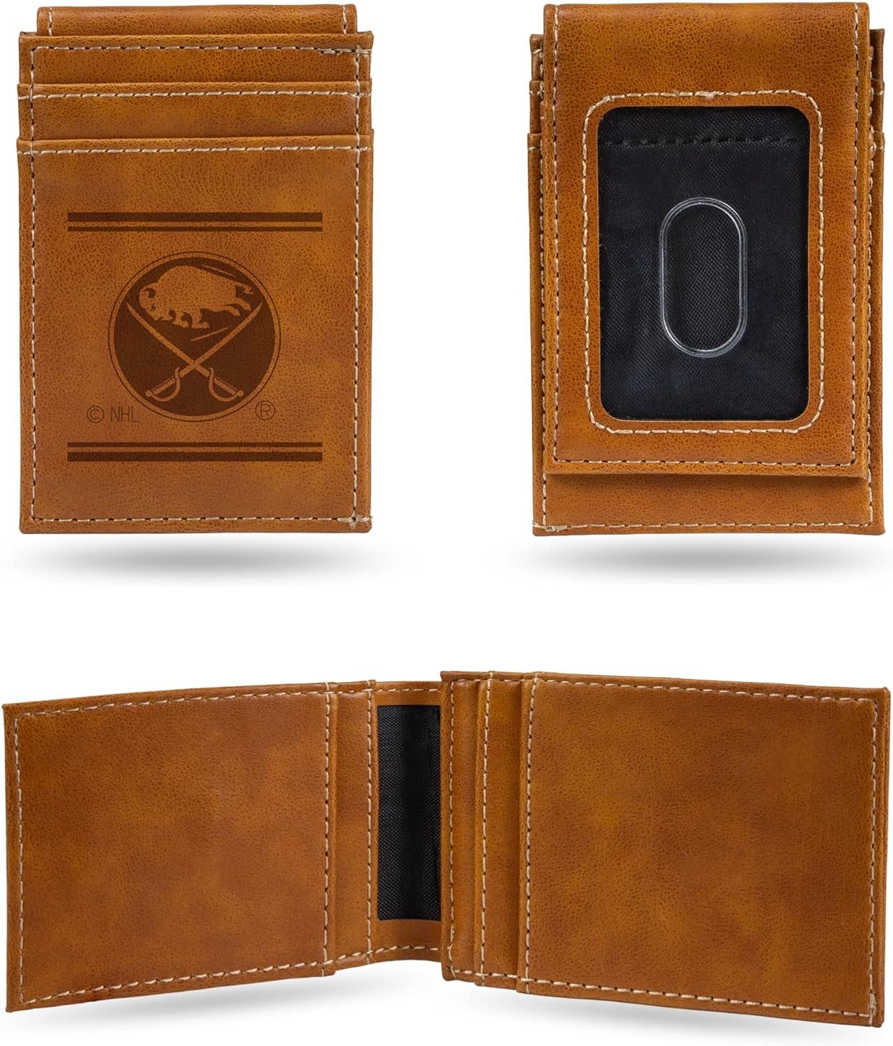 Buffalo Sabres Premium Brown Leather Wallet, Front Pocket Magnetic Money Clip, Laser Engraved, Vegan